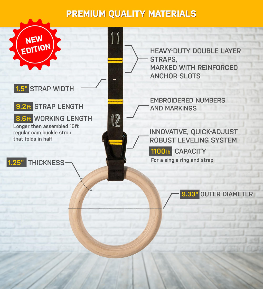 Double Circle Wood Gymnastic Rings With Quick Adjust Numbered Straps And Exercise Videos Guide - Full Body Workout - Calisthenic