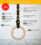Double Circle Wood Gymnastic Rings With Quick Adjust Numbered Straps And Exercise Videos Guide - Full Body Workout - Calisthenic