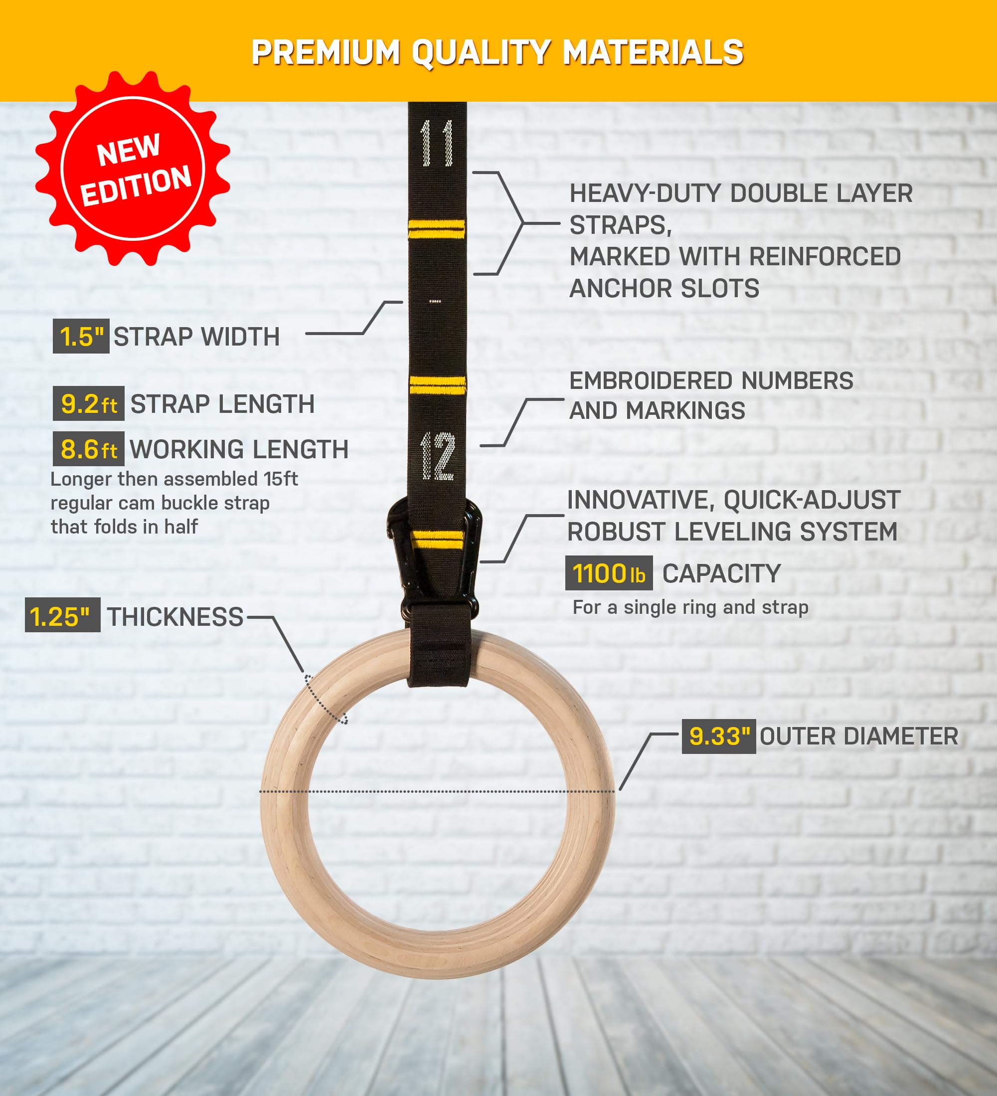 Double Circle Wood Gymnastic Rings With Quick Adjust Numbered Straps And Exercise Videos Guide - Full Body Workout - Calisthenic