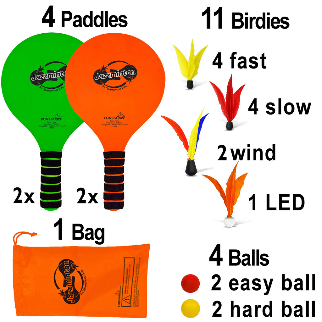 Funsparks Jazzminton Paddle Game Select Double - 4 Paddles 11 Birdies 4 Balls - A Must Have Racquet Game - Lawn, Yard, Beach Gam