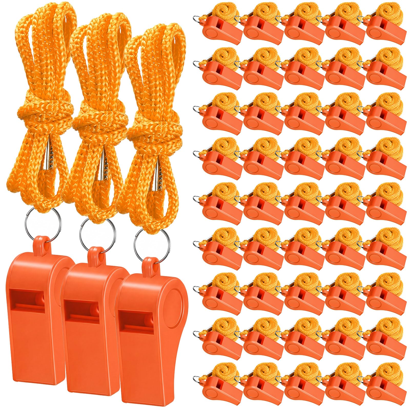 Flutesan 48 Pcs Plastic Orange Whistles Bulk with Lanyard Sports Loud Crisp Sound Whistles for Coach Referees Training Emergency