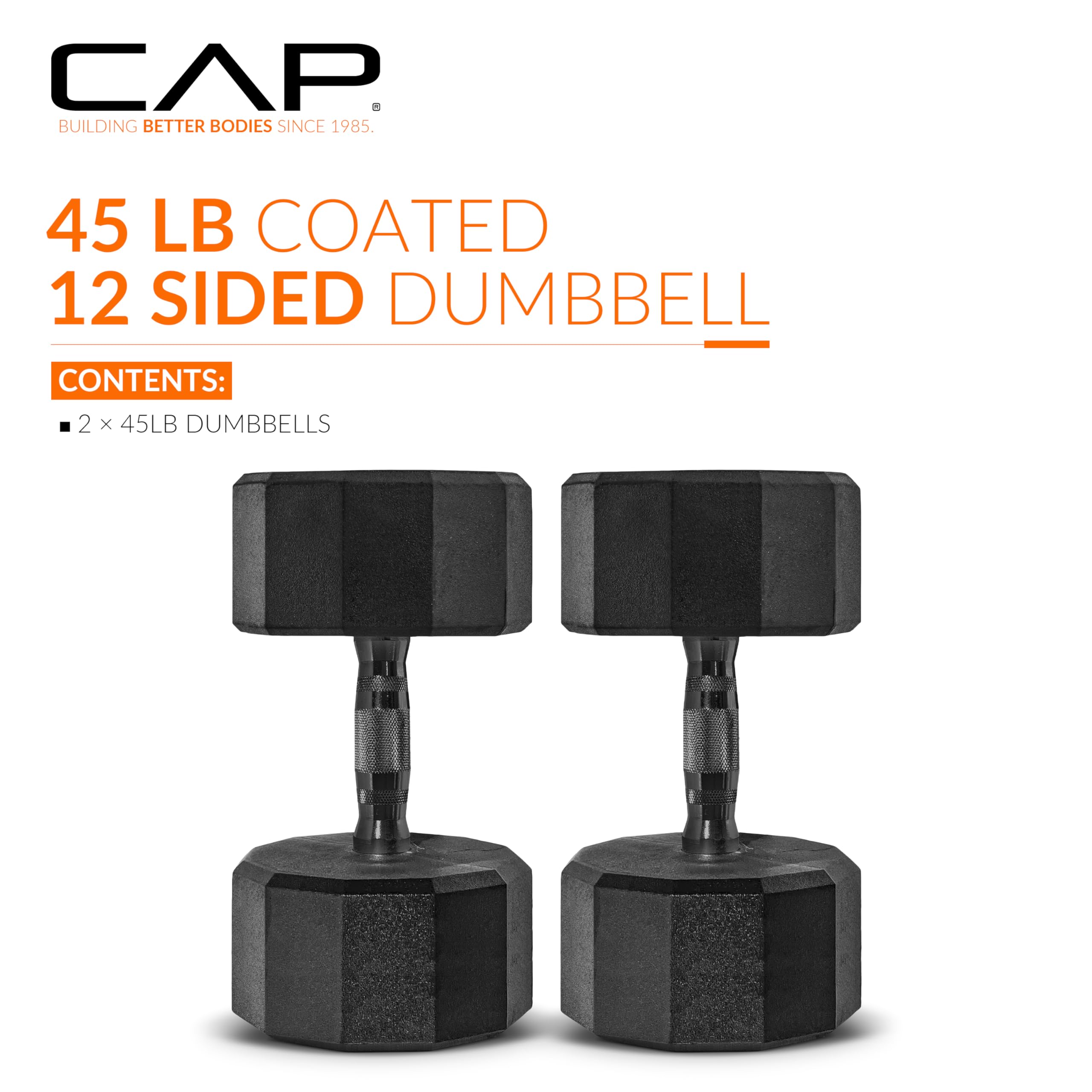 CAP Barbell 12-Sided Coated Dumbbell with Black Handle, Pair, 45 LB