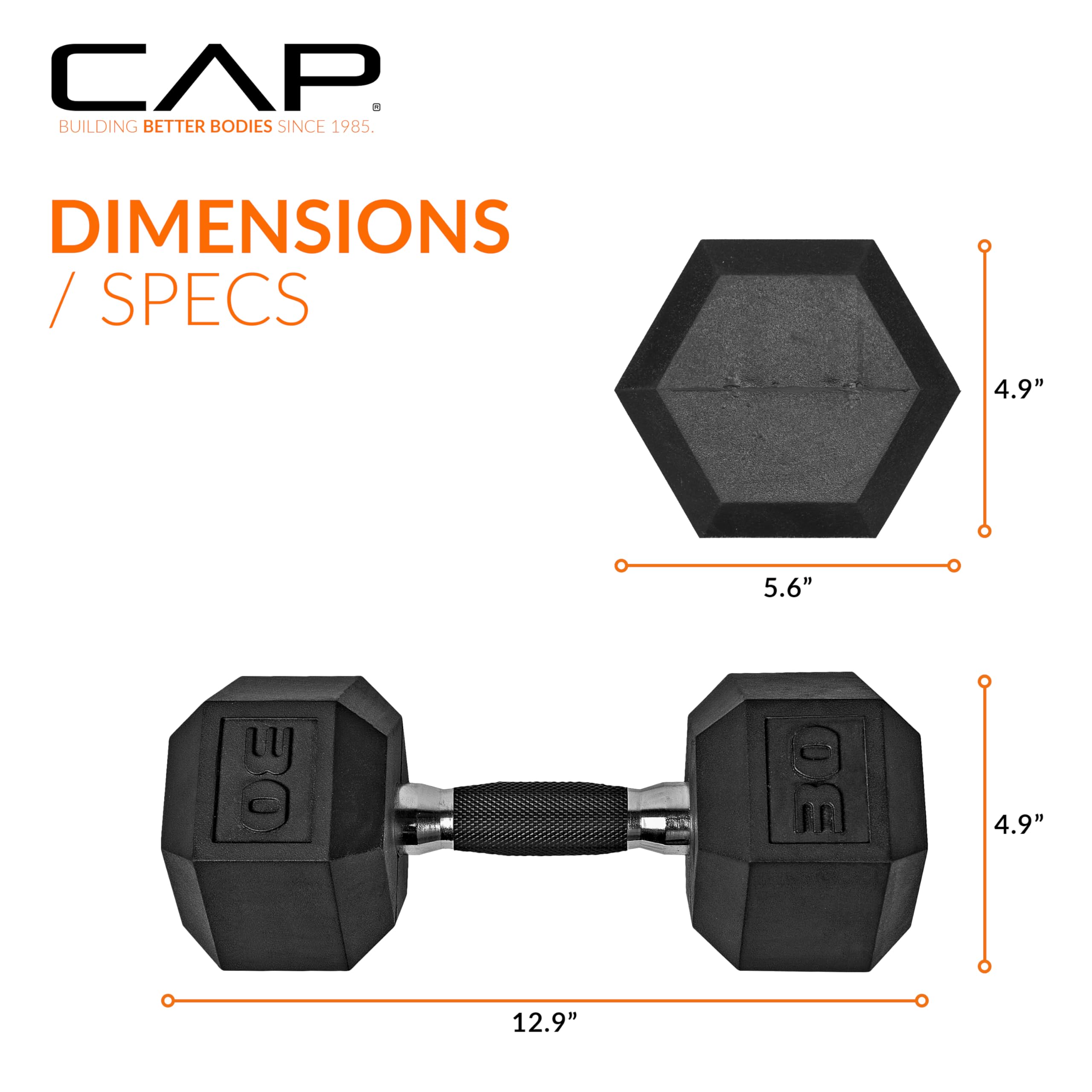 CAP Barbell 30 LB Rubber Coated Hex Dumbbell Hand Weight with Padded Grip - Pair | Comfort Grip