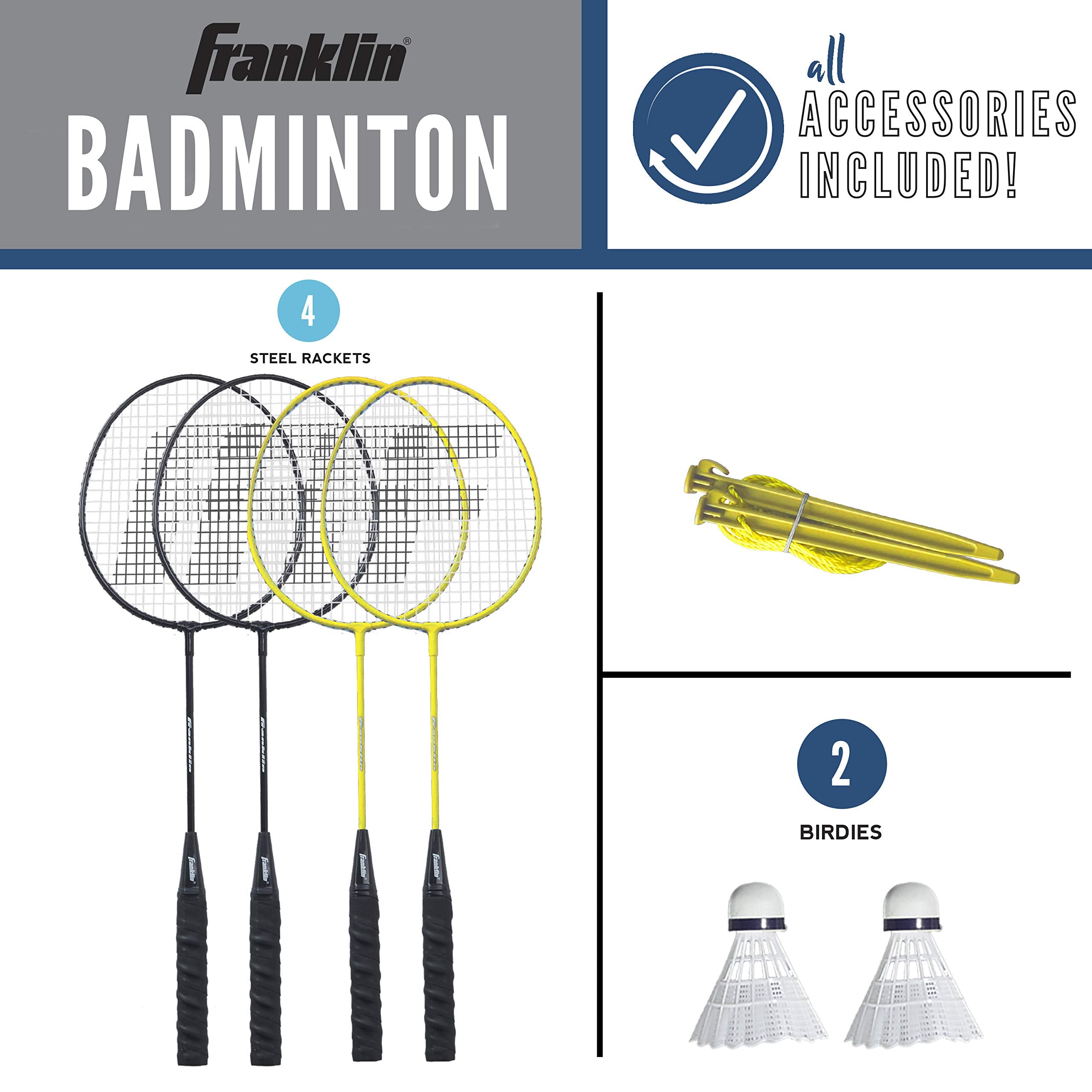 Franklin Sports Badminton Set - Backyard + Beach Badminton Net Set - Rackets And Birdies Included - Portable 4 Player Badminton