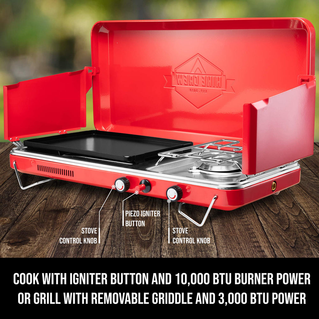 Hike Crew 2-In-1 Gas Camping Stove  Portable Propane Grill/Stove Burner W/Integrated Igniter & Stainless Steel Drip Tray  Built-
