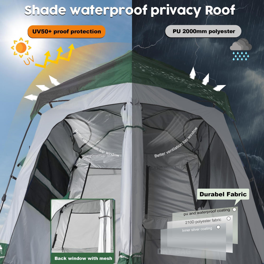 Portable Camping Shower Tent Deluxe Changing Room Easy Set Up Privacy Shelter,Large Toilet Tent 2 Rooms With Floor Drain Design