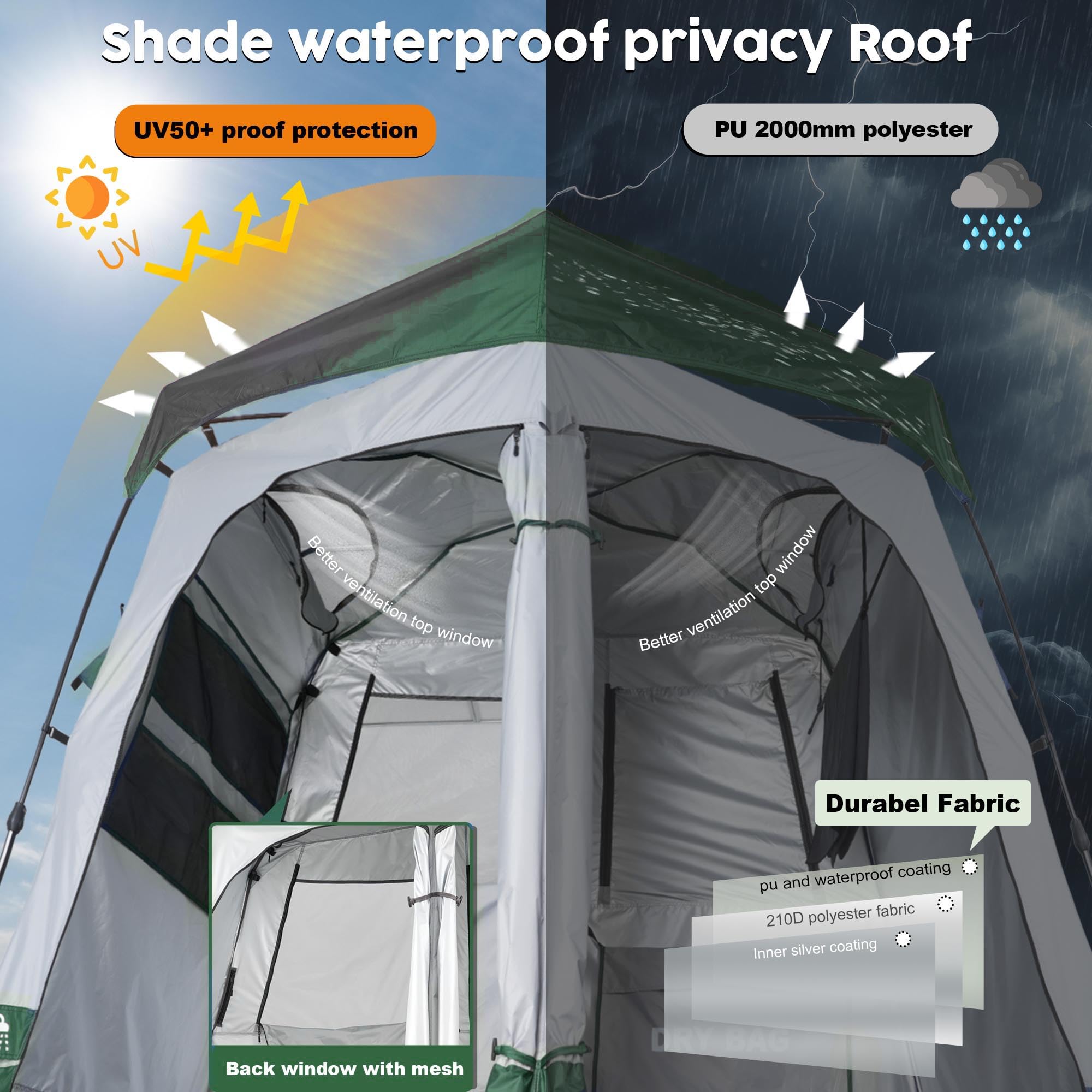Portable Camping Shower Tent Deluxe Changing Room Easy Set Up Privacy Shelter,Large Toilet Tent 2 Rooms With Floor Drain Design
