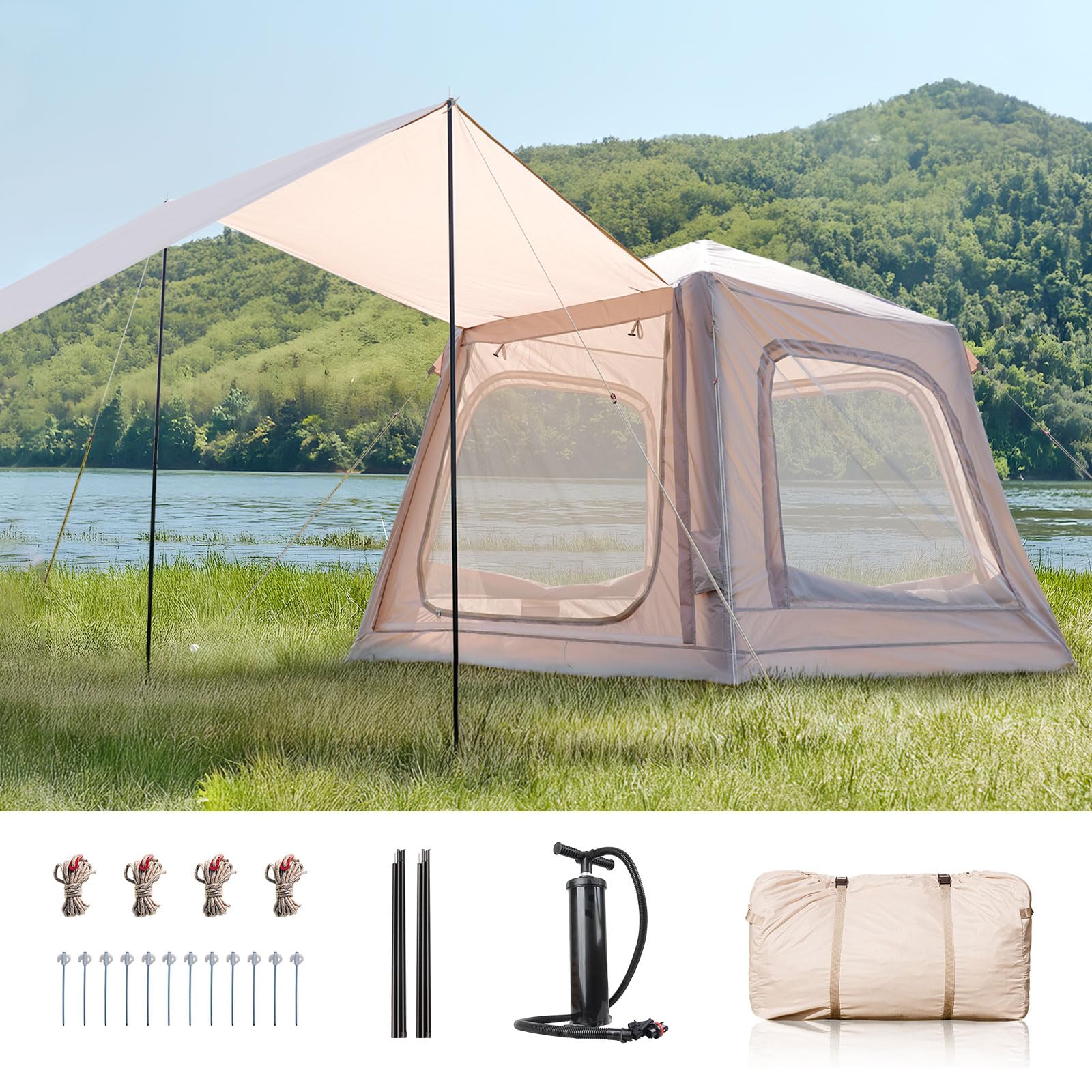 Inflatable Tents With Canopy, Blow Up Tent For Camping 2-4 People, Waterproof Glamping Camping Tents For Outdoors, Air Blow Up T