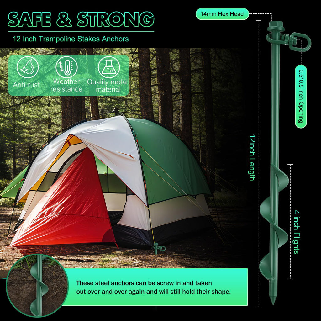 Zhengmy 4 Pcs Ground Anchors Screw In, 12 Inch Heavy Duty Tent Stakes With Trampoline Anchor Hook Ground Stakes For Camping Tent