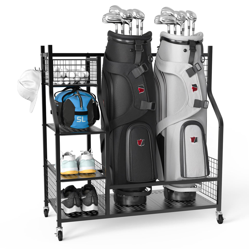 Plkow Golf Bag Storage Garage Organizer Fits For 2 Golf Bags And Golf Accessories, Extra Large Size Golf Bag Storage Stand And G