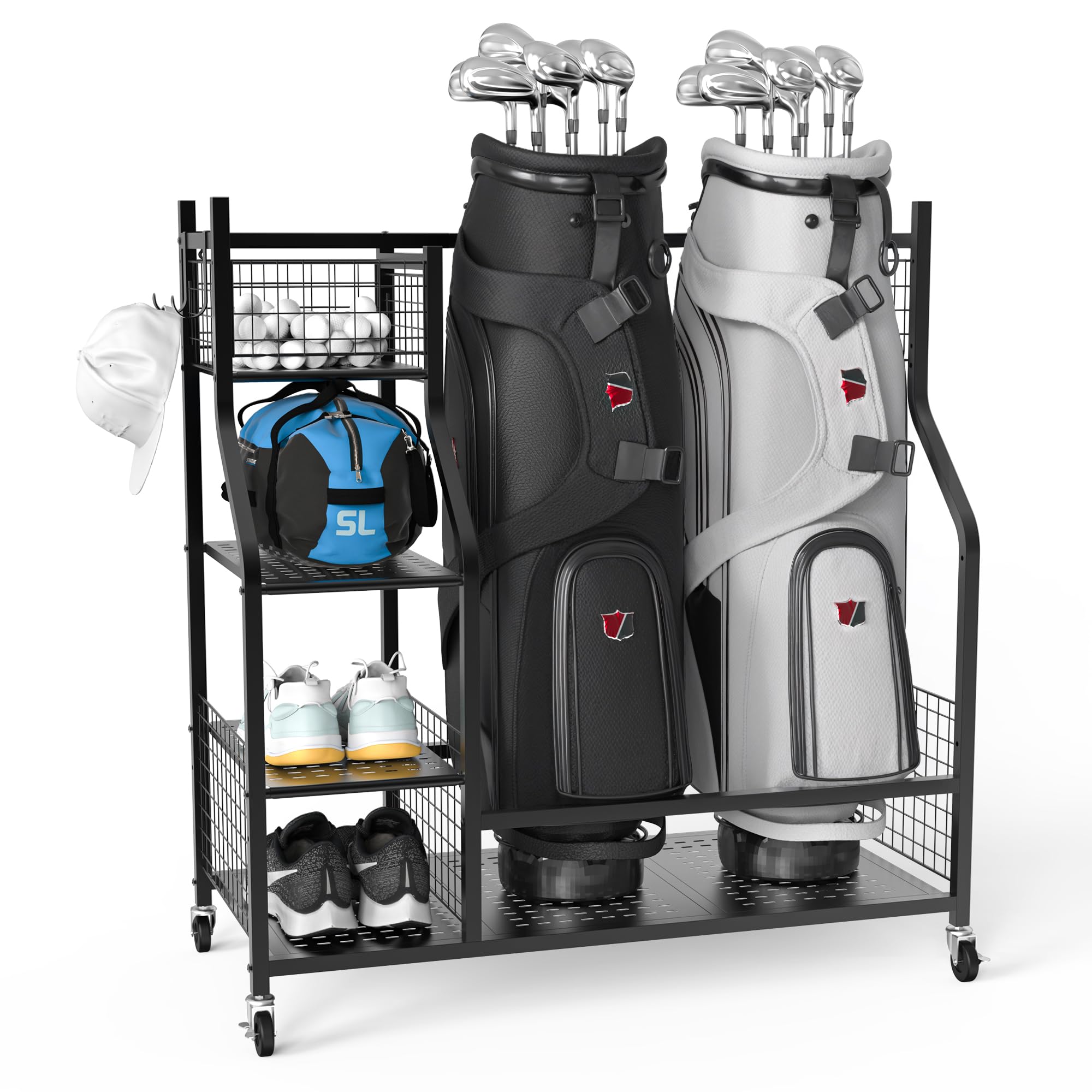 Plkow Golf Bag Storage Garage Organizer Fits For 2 Golf Bags And Golf Accessories, Extra Large Size Golf Bag Storage Stand And G