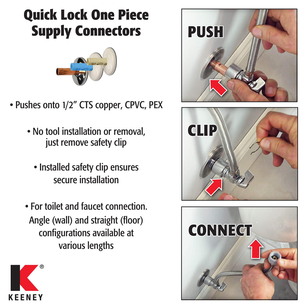 Quarter Turn Angle Valve 5/8-Inch Od By 12-Inch Stainless Steel Toilet Supply, Lead-Free, Quick Lock