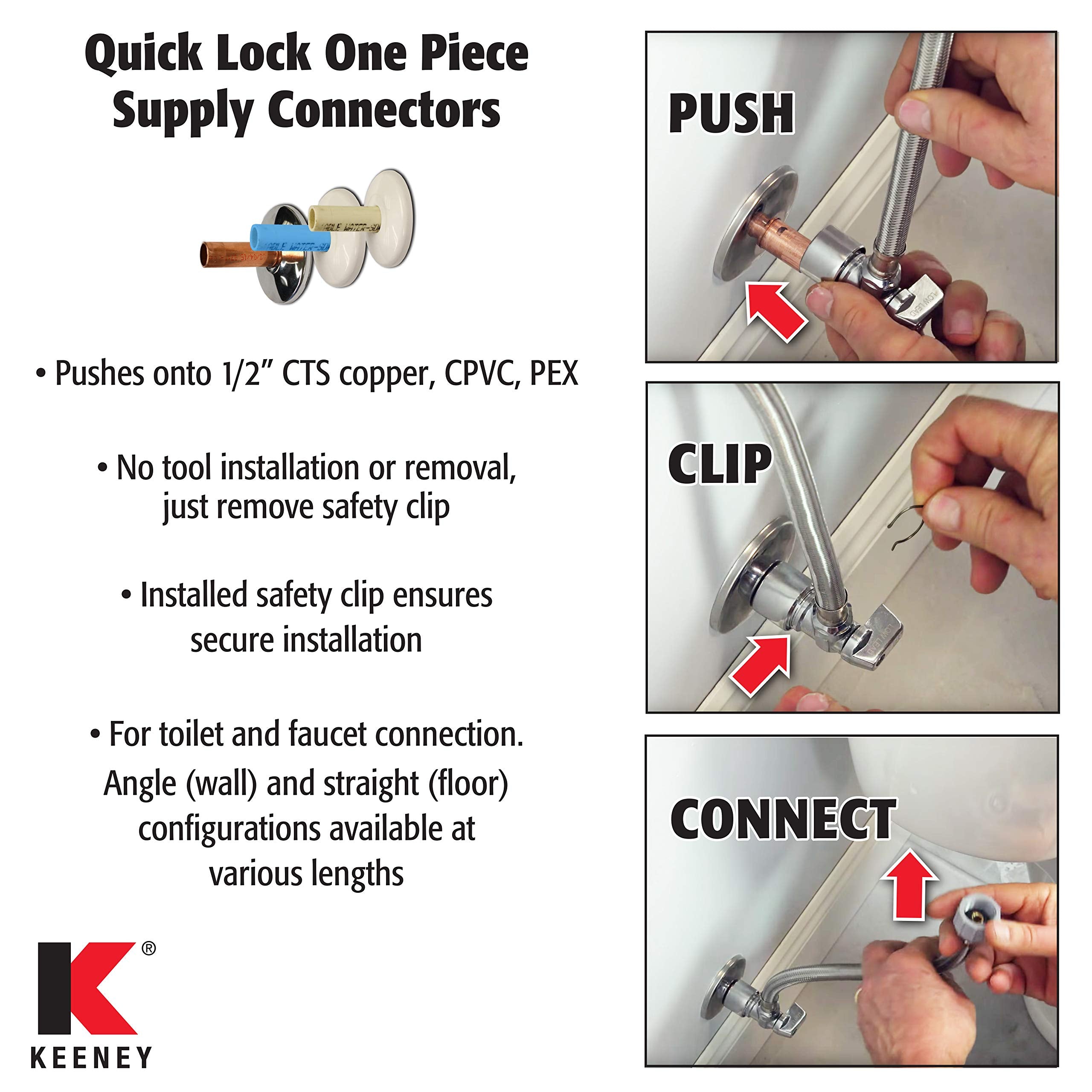 Quarter Turn Angle Valve 5/8-Inch Od By 12-Inch Stainless Steel Toilet Supply, Lead-Free, Quick Lock