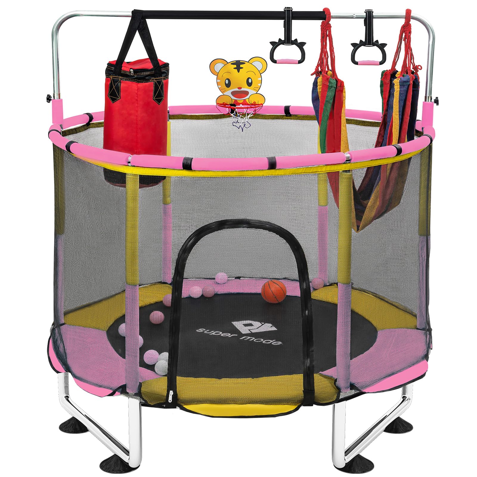Trampoline for Kids, 5FT Adjustable for Toddler, Indoor/Outdoor Baby Trampoline with Enclosure Net, No-Gap Safe Design, Gifts fo
