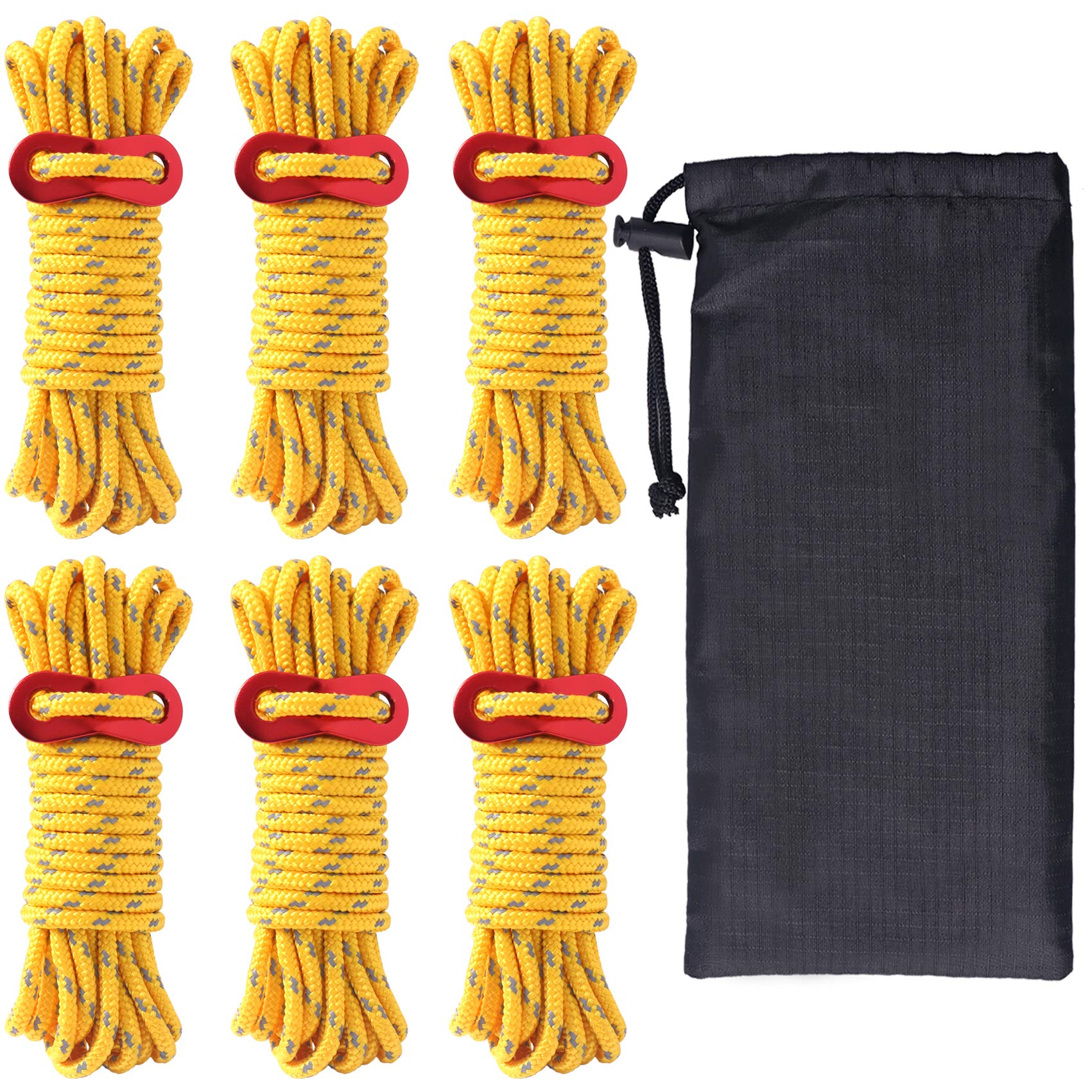 Hikeman 6 Pack 4Mm Outdoor Guy Lines Tent Cords Lightweight Camping Rope With Aluminum Guylines Adjuster Tensioner Pouch For Ten