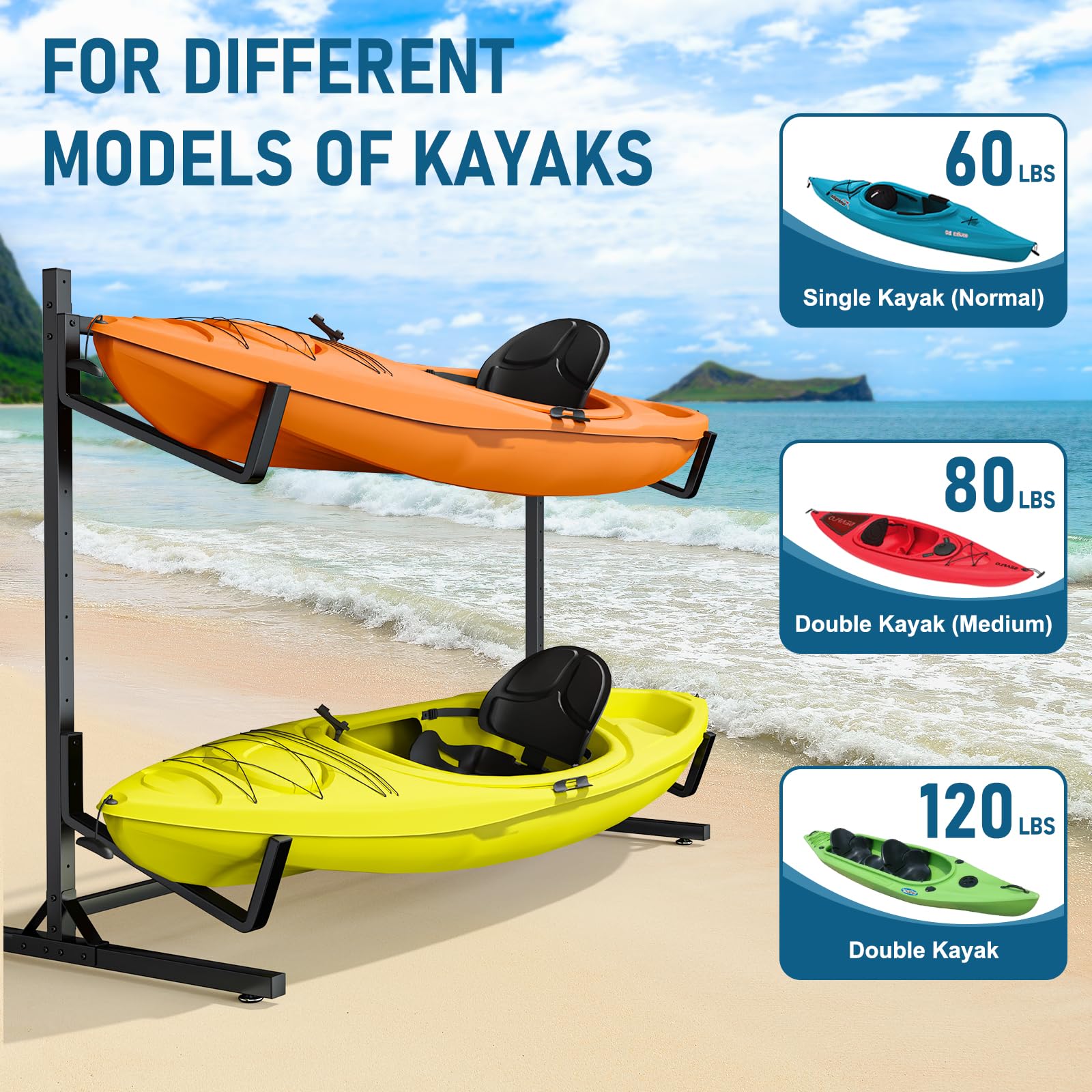Lxvooee Kayak Storage Rack, Heavy Duty Freestanding Kayak Rack For 2 Kayaks, Canoe, Surfboard And Paddle Board Adjustable Kayak