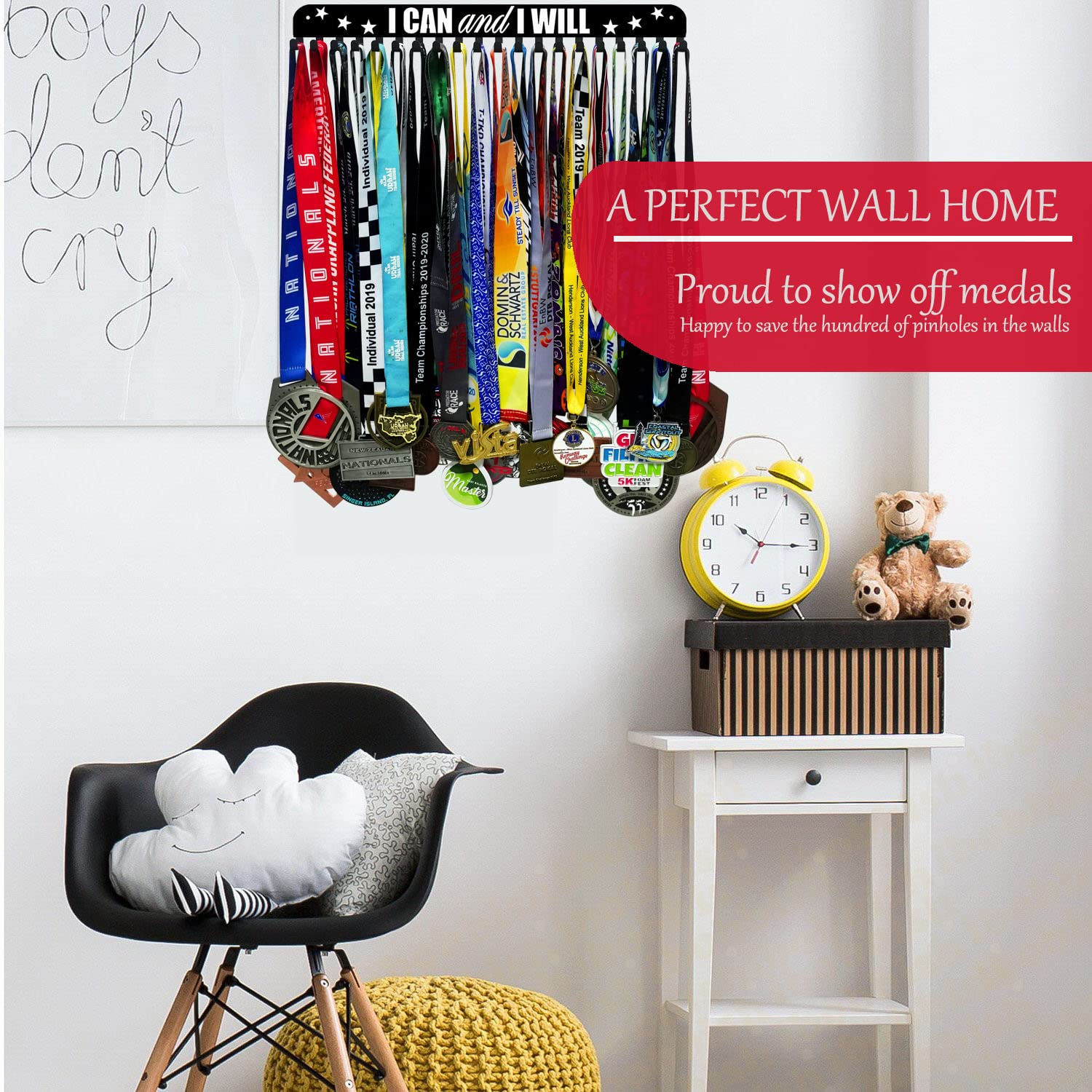 Ibobbish I Can & I Will Sports Marathon Medal Display Hanger Holder Racks Frame In Matt Black Surface Wall Mount Over 40 Medals