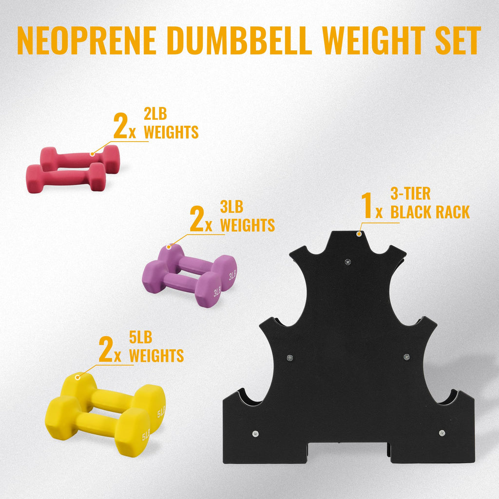 Fitvids Neoprene Dumbbell Set with Rack - Multiple Weight Options - 20LB Set (2/3/5LB Pairs) - Color Series