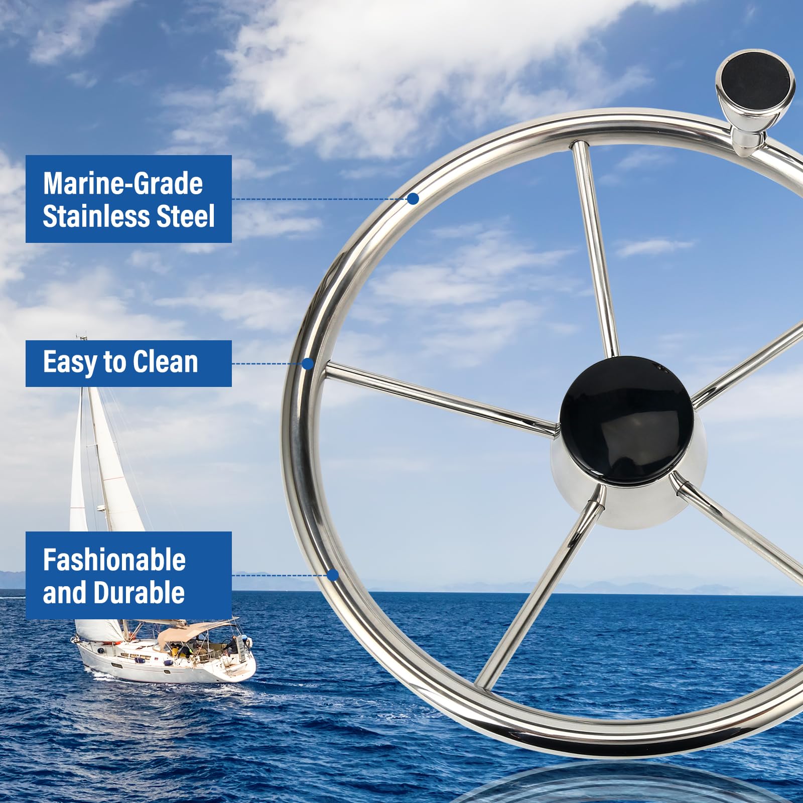 Amarine Made 5-Spoke 13-1/2 Inch Destroyer Style Stainless Boat Steering Wheel With M Size Knob - 9310Srf1