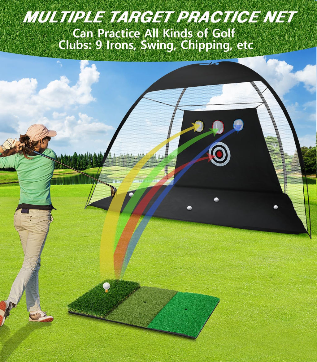 Golf Net, 10X7Ft Golf Practice Net With Tri-Turf Golf Mat, All In 1 Home Golf Hitting Aid Nets For Backyard Driving Chipping Swi
