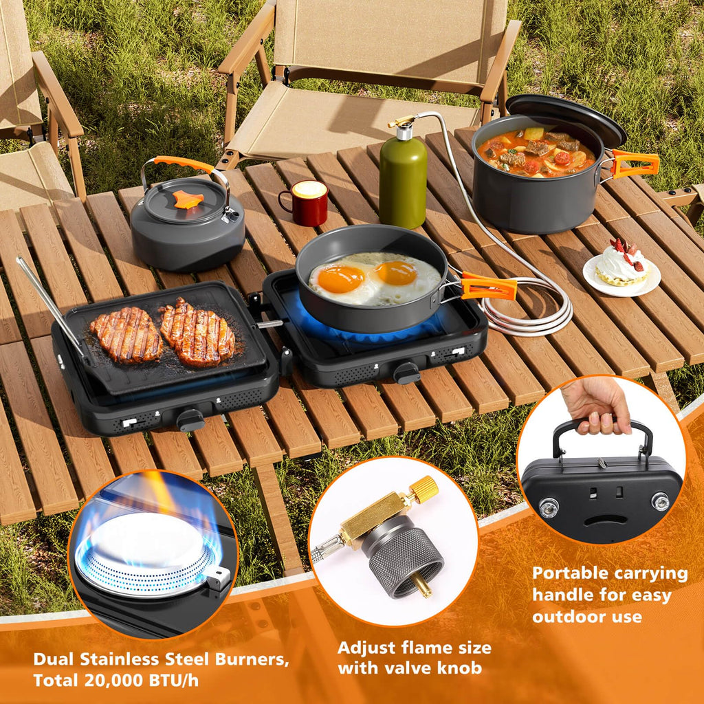 Hisencn 2 Burner Foldable Camping Stove With Griddle,Portable Propane Camp Stove, 20000 Btu Propane Stove, Outdoor Gas Stove Wit
