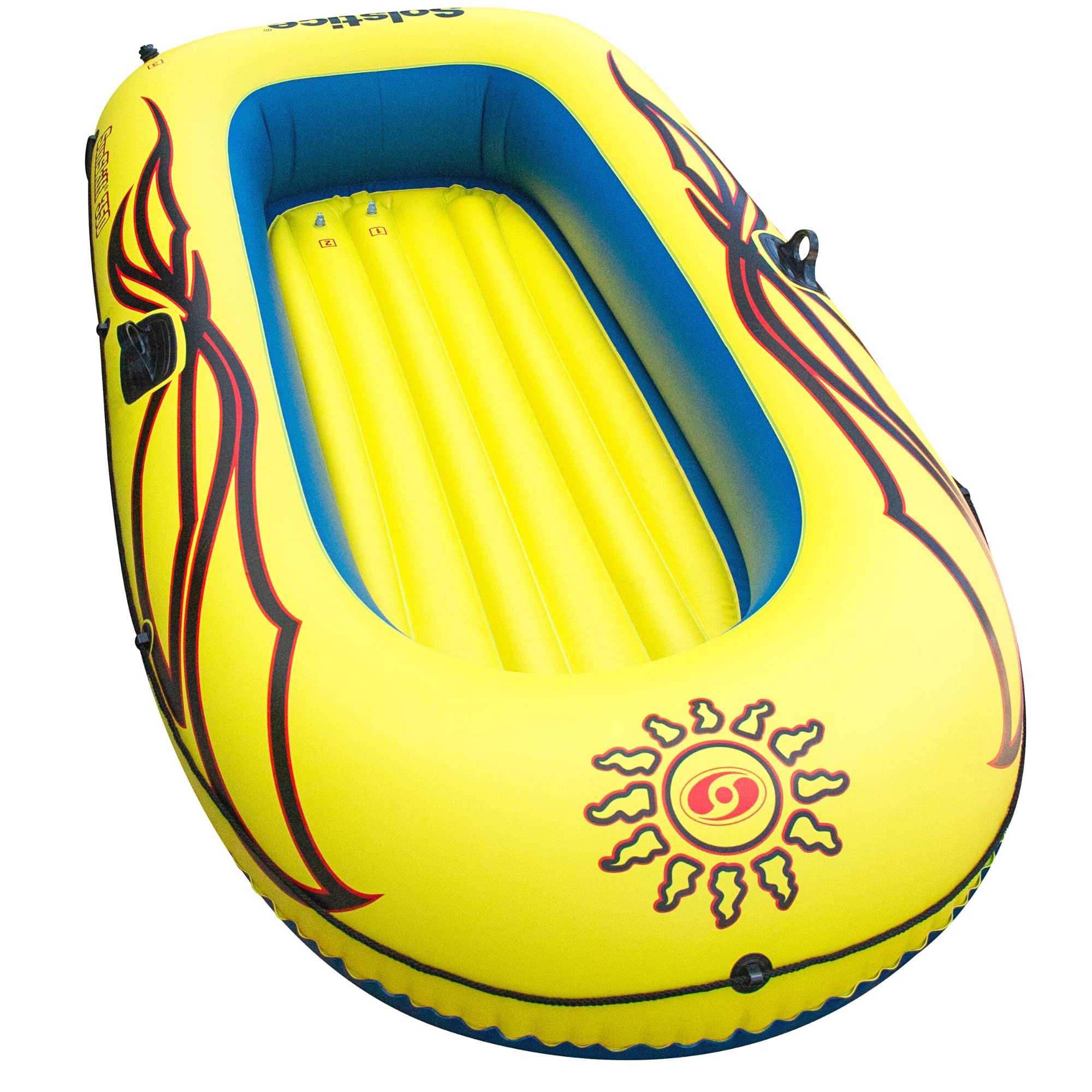 SOLSTICE Inflatable Boat Rafts 3 Person for Adults & Kids Comes W/ Pole Oar Holders Cushioned Comfortable Base Grab Line 8 Ft Si