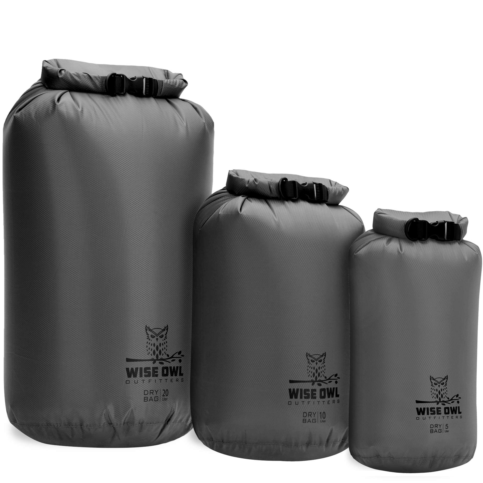 Wise Owl Outfitters Waterproof Dry Bag 3-Pack - Lightweight & Airtight 5L/10L/20L Small & Large Dry Bags for Kayaking, Beach, Tr