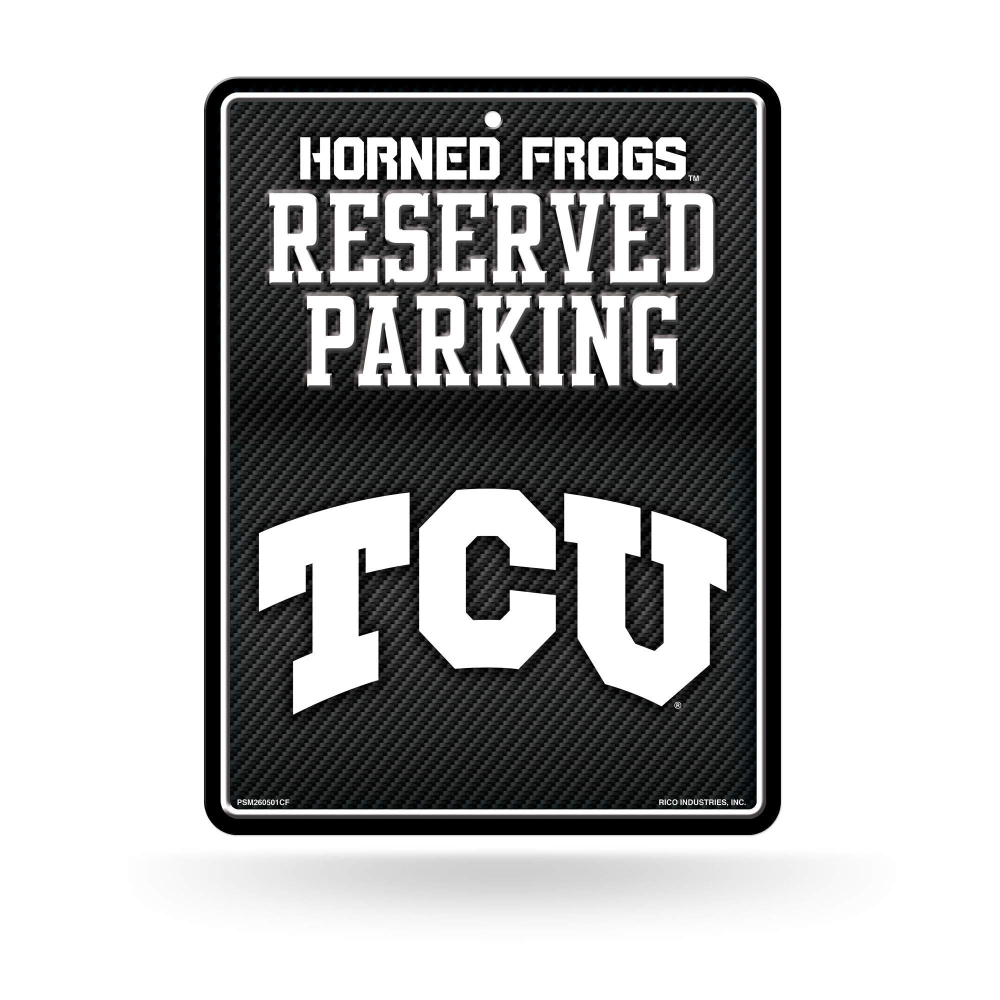 Rico Industries NCAA TCU Horned Frogs Metal Parking Sign 8.5 x 11 Carbon Fiber Metal Parking Sign - Great for Man Cave, Bed Room