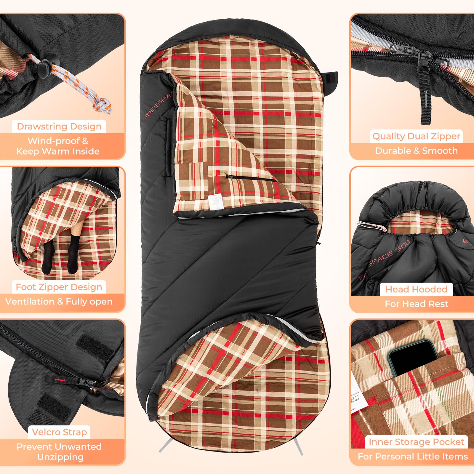 Kingcamp Sleeping Bags, Extra Wide Flannel Sleeping Bag For Adults, Lightweight, Portable, Big And Tall Wearable Sleeping Bag Fo