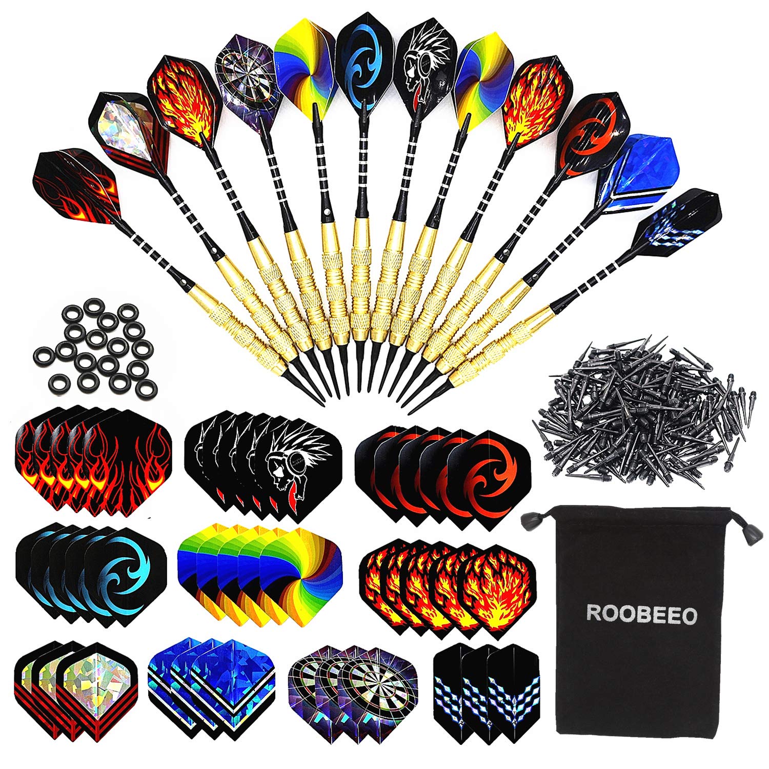 Roobeeo Soft Tip Darts 12 Pcs 18G Plastic Tip Darts Set With Brass Steel Barrels&Aluminum Shafts,200 Extra Dart Tips 42 Dart Fli