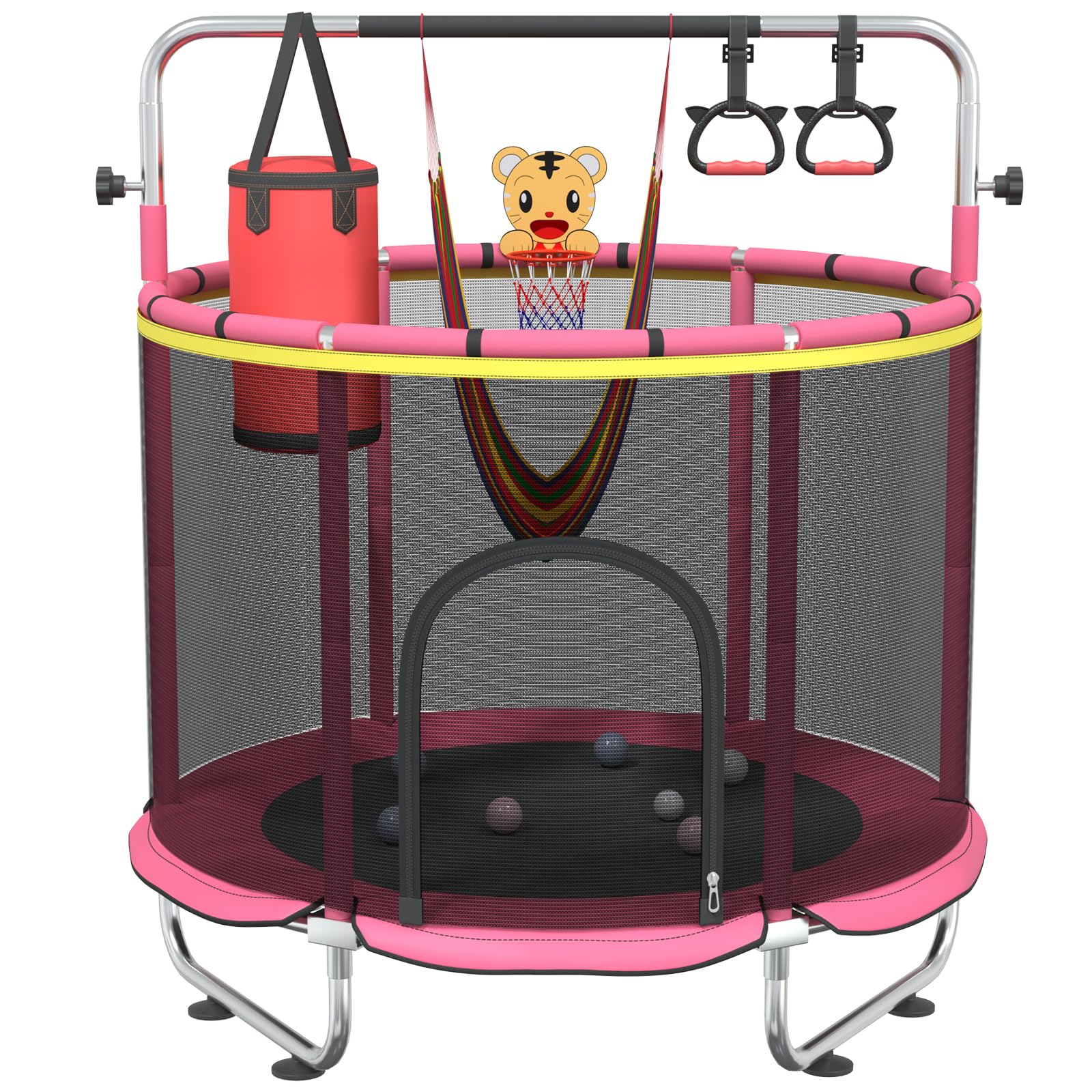 60 Toddler Trampoline for Age 2-4, 11ft Mini Kids Trampoline Indoor with Basketball Ball Adjustable Gymnastics Bar & Toys Swing 