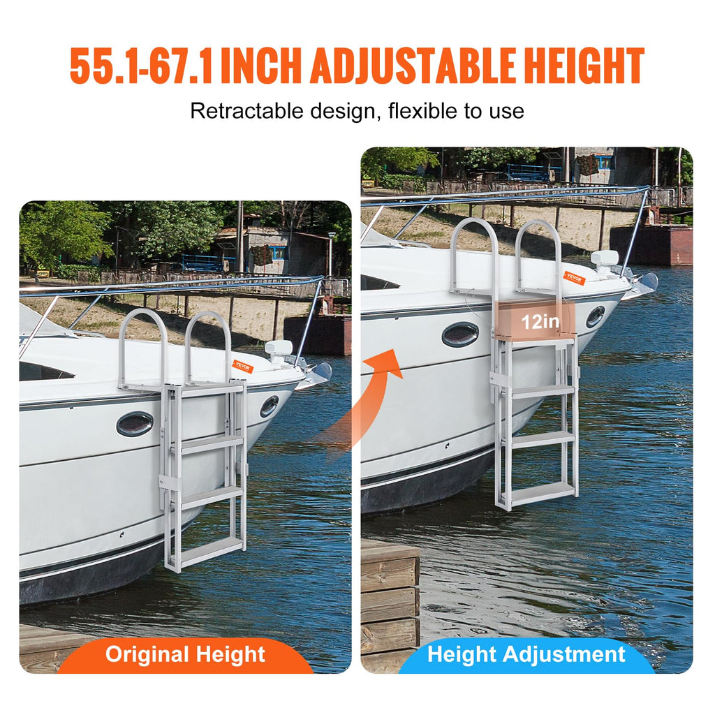 Vevor Retractable Dock Ladder 4 Steps, Aluminum Sliding Pontoon Boat Ladder With 36''-48'' Adjustable Height, 4'' Wide Step & No
