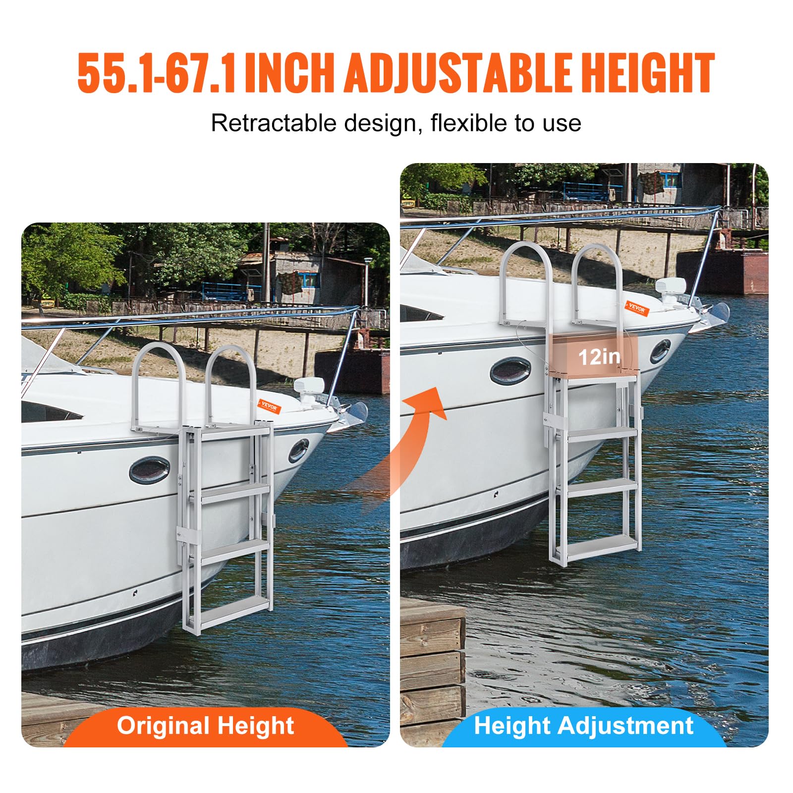 Vevor Retractable Dock Ladder 4 Steps, Aluminum Sliding Pontoon Boat Ladder With 36''-48'' Adjustable Height, 4'' Wide Step & No