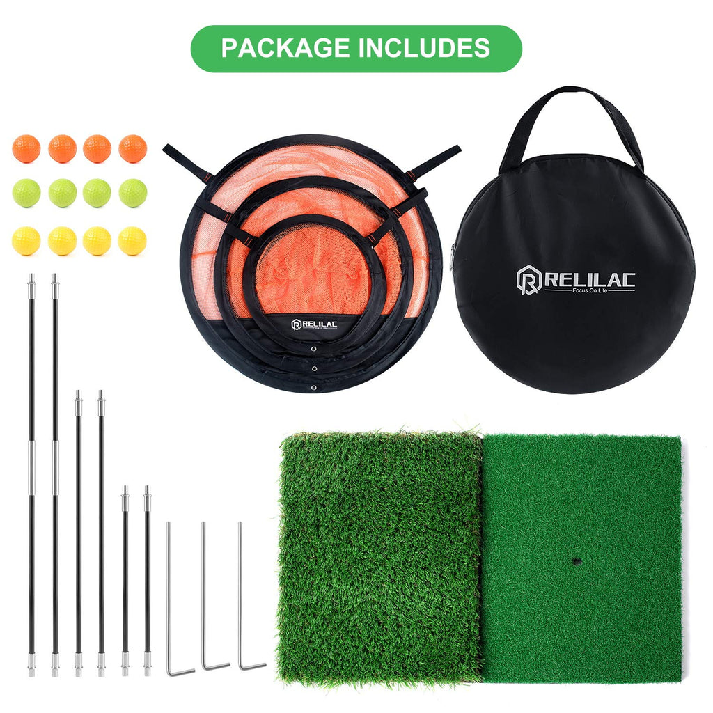 Relilac 3 Piece Golf Chipping Net With Dual Turf Hitting Mat And 12 Foam Training Balls - Indoor/Outdoor Golfing Target Accessor