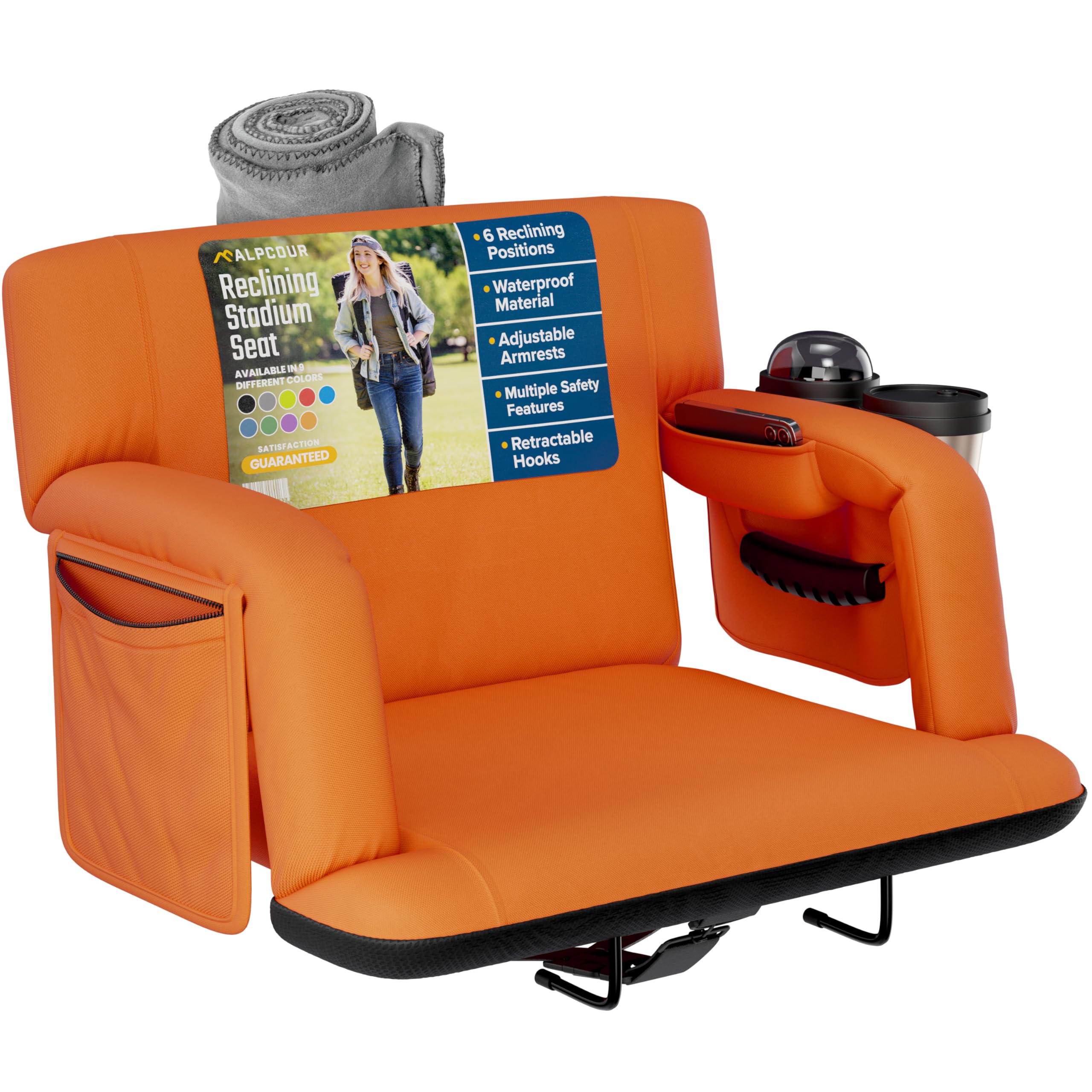 Reclining Stadium Seats For Bleachers With Back Support - Wide Bleacher Chair Cushion, Armrests, Large Pockets, And Multiple Saf