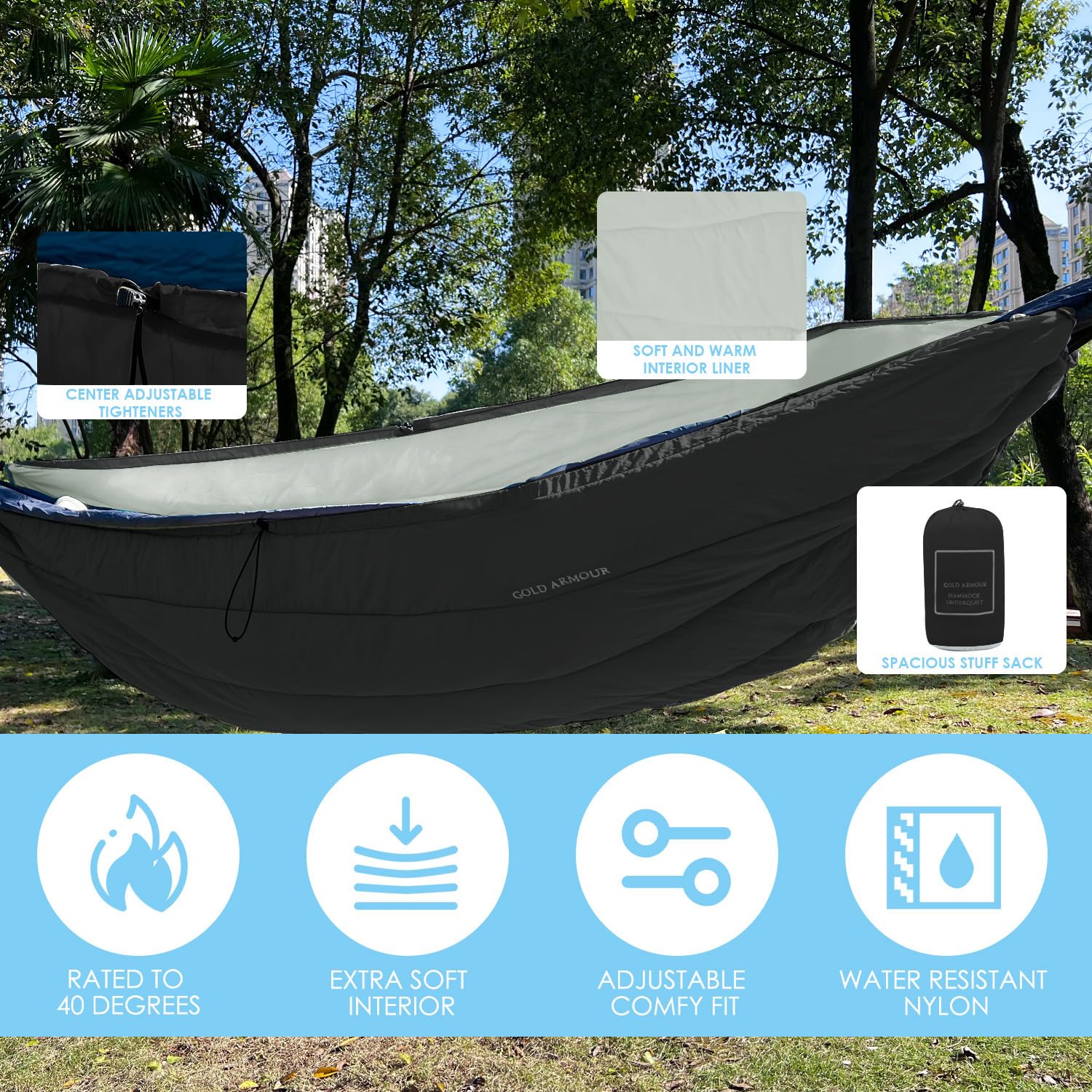 Gold Armour Hammock Underquilt For Single Hammocks And Double Hammocks, Insulated Warm Underquilt - Essential Camping Equipment