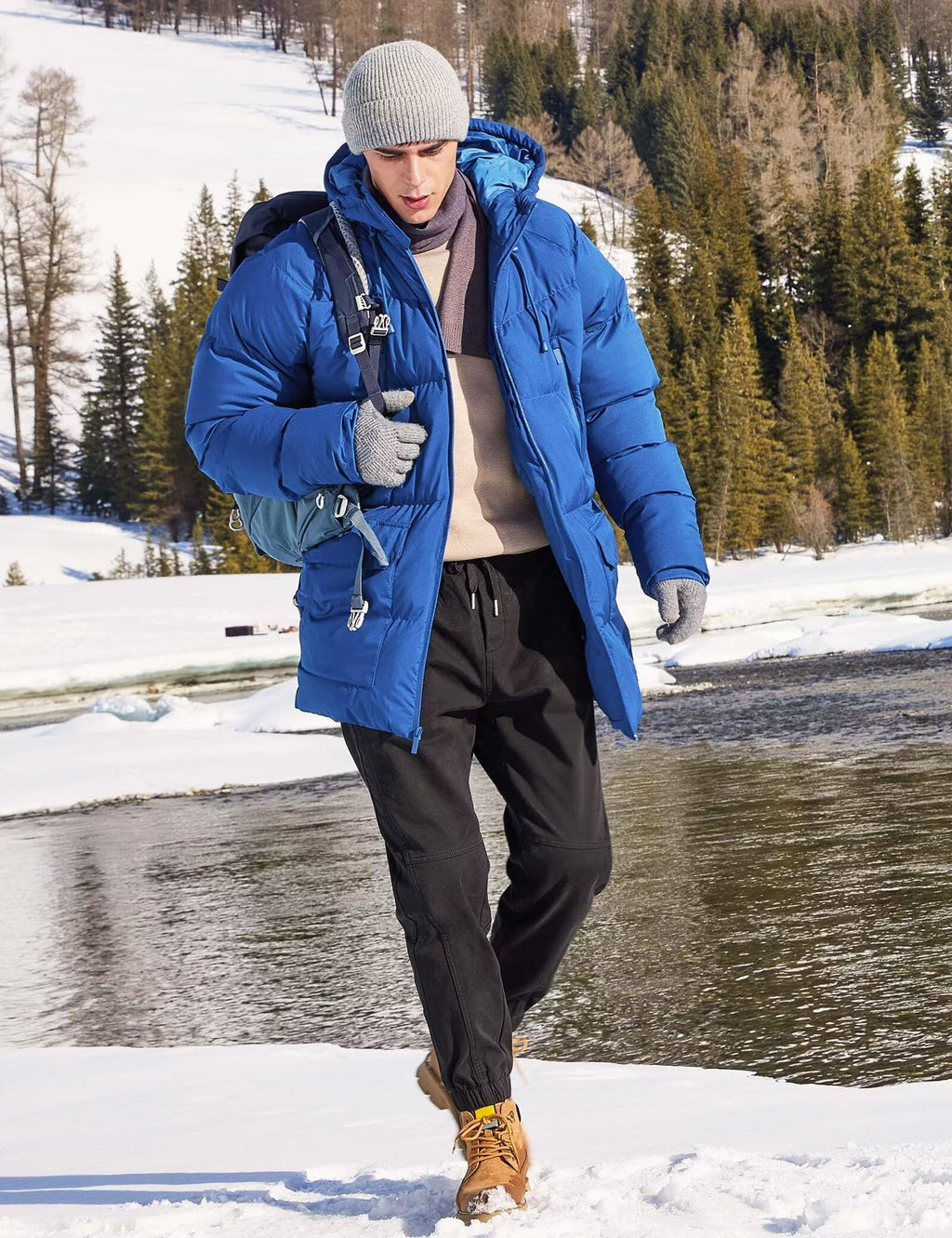 Rejork Men s Long Winter Coat Hooded Warm Quilted Jacket Water-resistant Cold Weather Parka Royal Blue 2XL