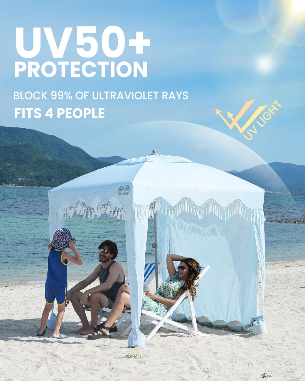 OutdoorMaster Beach Cabana with Fringes, Portable 6 x 6 Beach Canopy for Sand, Easy Set Up Sun Shelter, Included Side Wall, UP