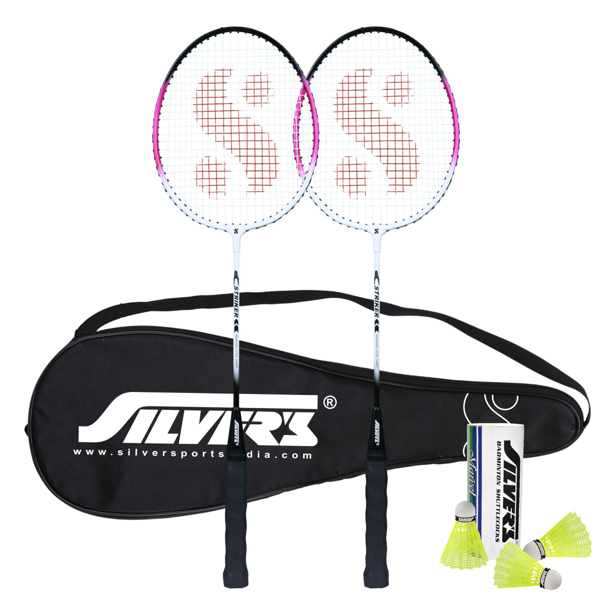 SilverS Aluminium Stricker Badminton Kit (2 Racquets With Full Cover, 1 Box Plastic Shuttlecock Pack Of 3)(Pink/Black)
