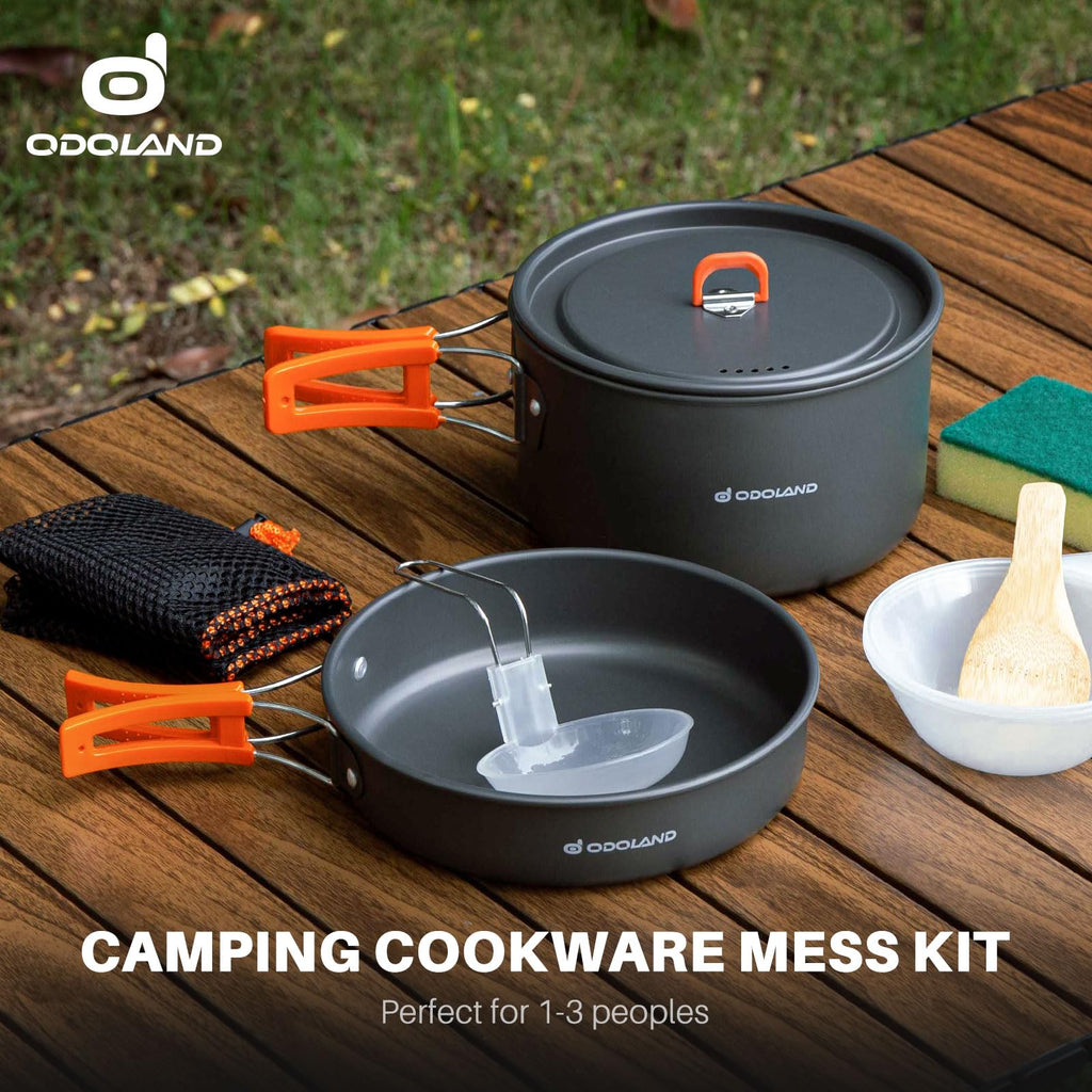 Odoland 9Pcs Camping Cookware Non-Stick Lightweight Camping Pots And Pans Set With Plastic Bowls Soup Spoon For Camping, Backpac