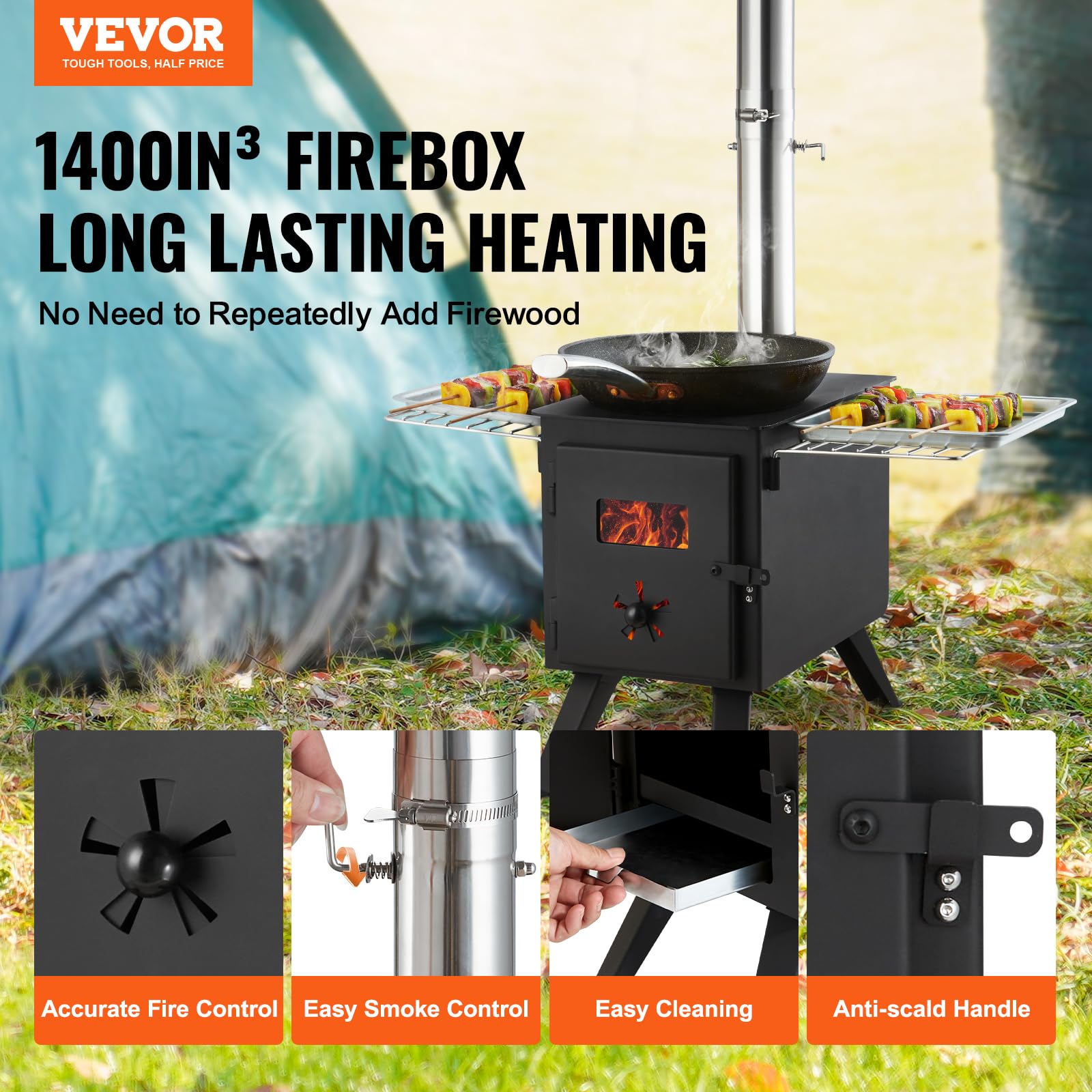 Vevor Camping Wood Stove Alloy Steel Camping Tent Stove, Portable Wood Burning Stove With Chimney Pipes & Gloves, 1400Infirebox