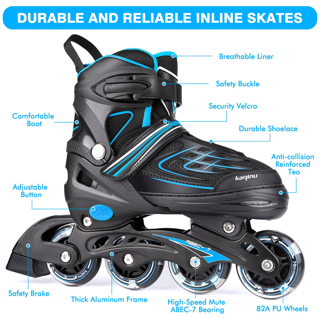 Kaqinu Adjustable Inline Skates, Outdoor Inline Skates With Full Illuminating Wheels For Women, Kids, Girls And Boys (Blue, L)