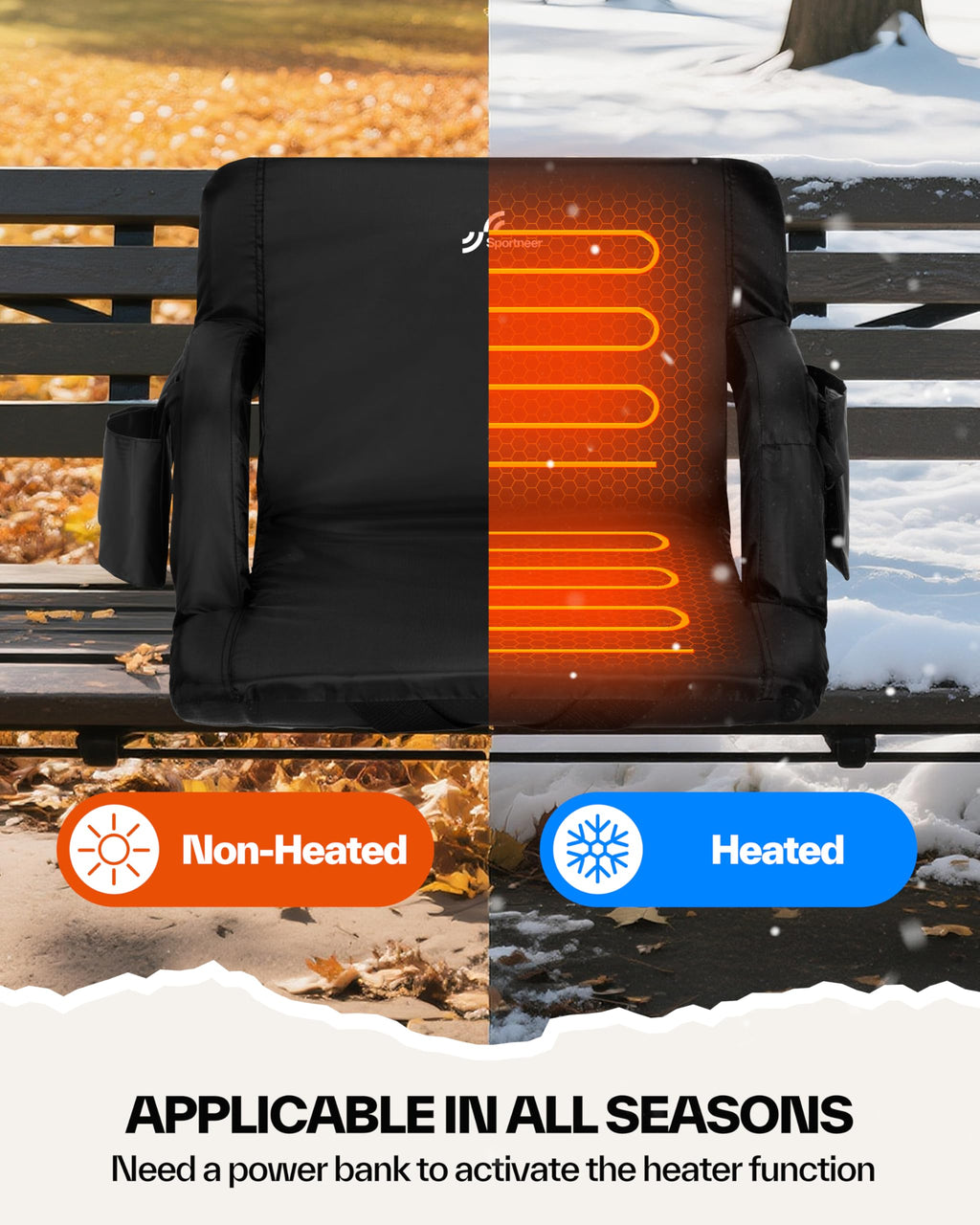 Sportneer Heated Stadium Seats with Back Support: 6 Adjustable Angles Extra Wide Bleacher Seat with Dual Heating Zones - 2.5 Pad