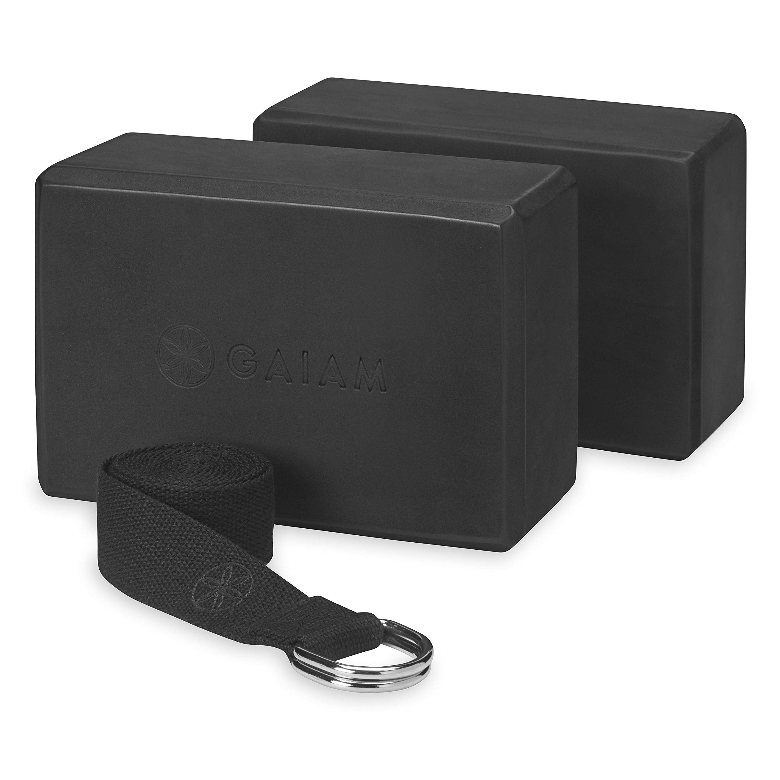 Gaiam Yoga Block 2 Pack & Yoga Strap Combo Set - Yoga Blocks With Strap, Pilates & Yoga Props To Help Extend & Deepen Stretches,