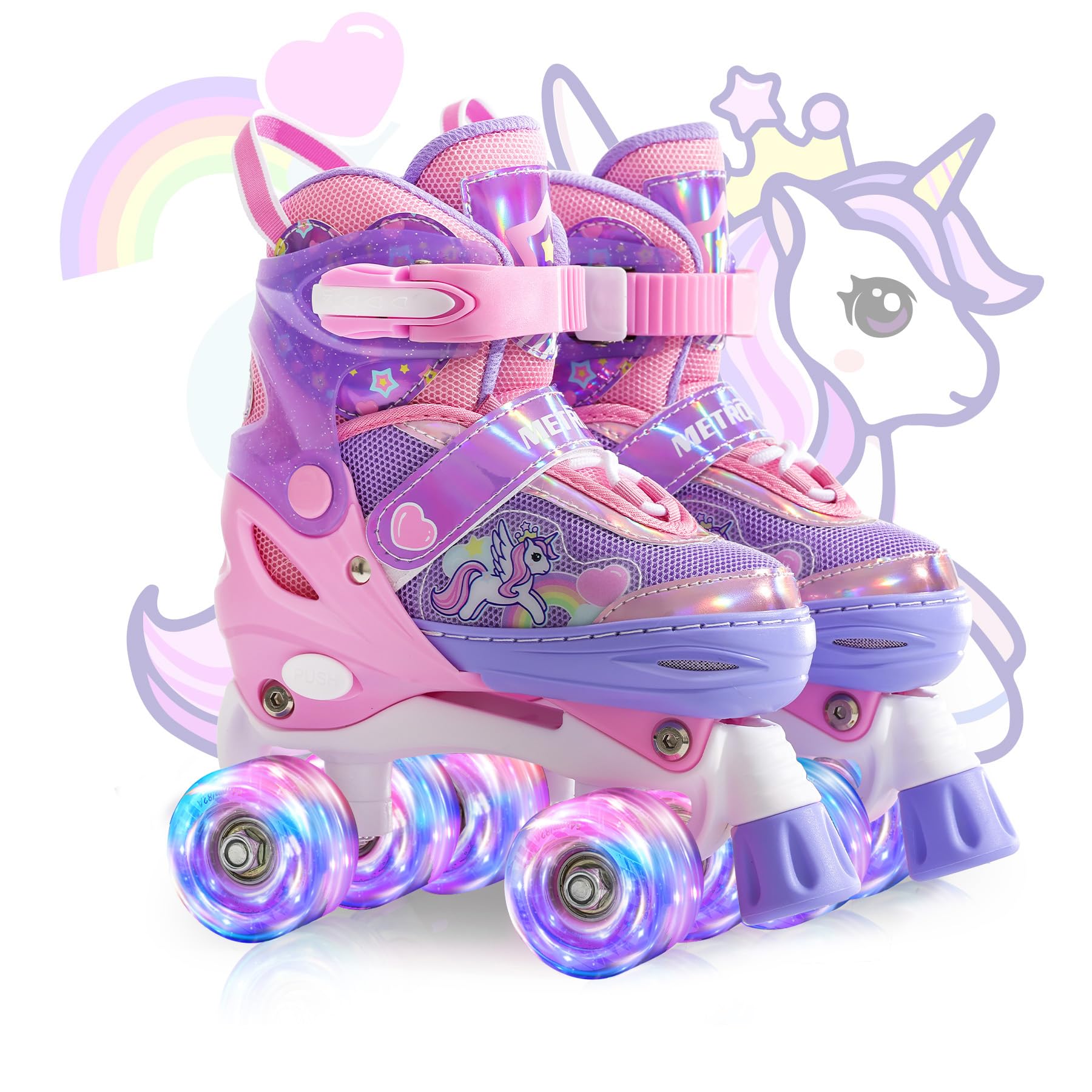 METROLLER Kids Roller Skates Girls Ages 4-6 5-8 8-12 Adjustable Toddler Roller Skates Shining Wheels Little Unicorn Sports Outdo
