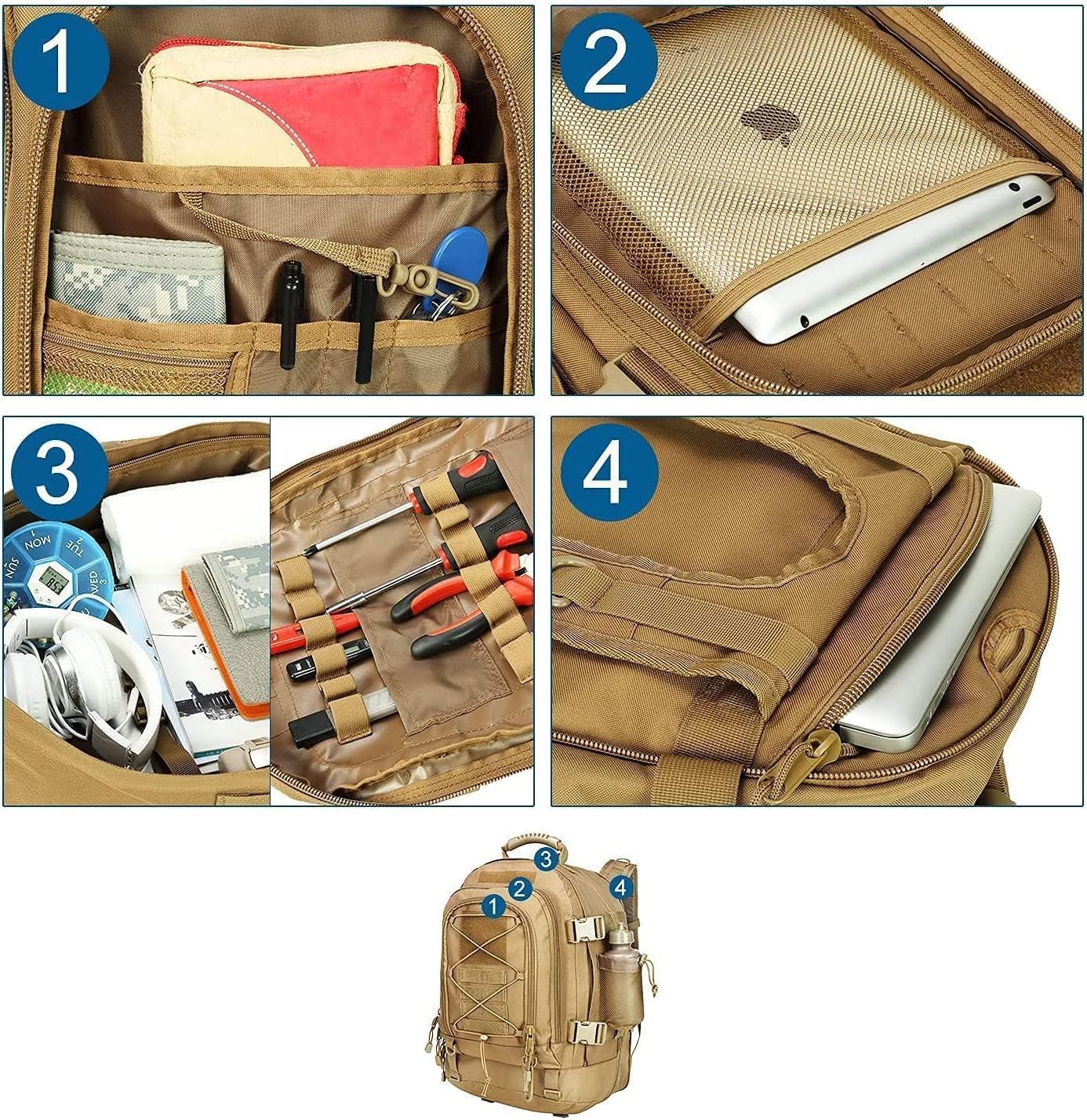 Zseararmy Large Tactical Backpack For Men Military Backpack With Diy System For Travel, Work,Camping,Hunting,Hiking,Sports (Tan)