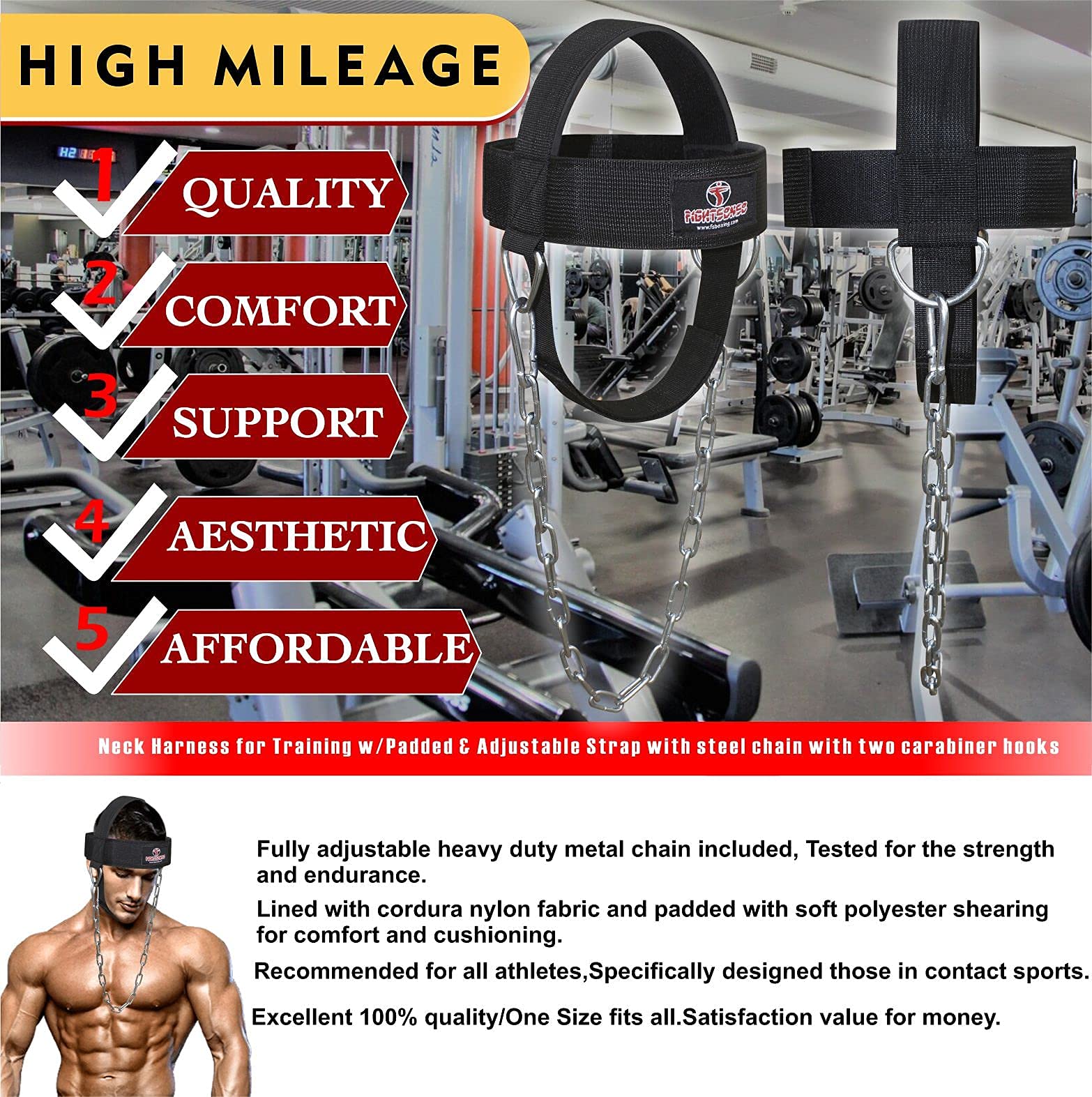 Fightsense Neck Harness Adjustable Padded Strap With Steel Chain, Weight Lifting Head Harness For Neck Exercise In Home & Gym (B