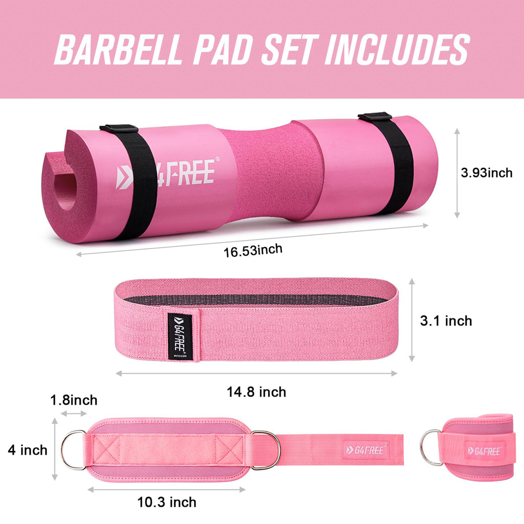 G4Free 7Pcs Barbell Pad Set For Squat, Hip Thrusts, Lunges Standard Olympic Bars With 2 Gym Ankle Safety Straps, 3 Hip Resistanc