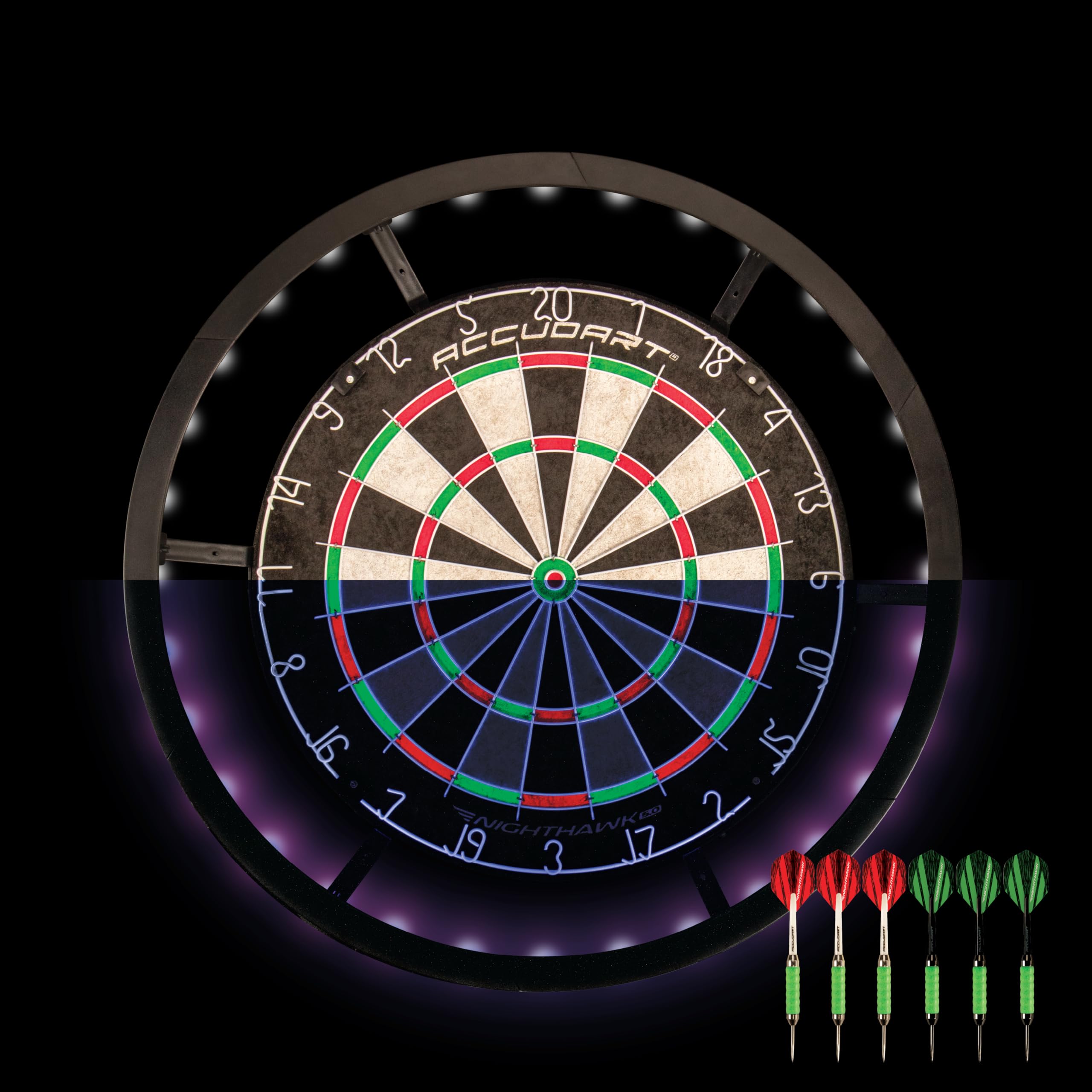 Accudart Nighthawk 2 In 1 Led/Blacklight Bristle Dartboard Surround Set - Official Size Dartboard - 360 Degree Lighting - Blackl
