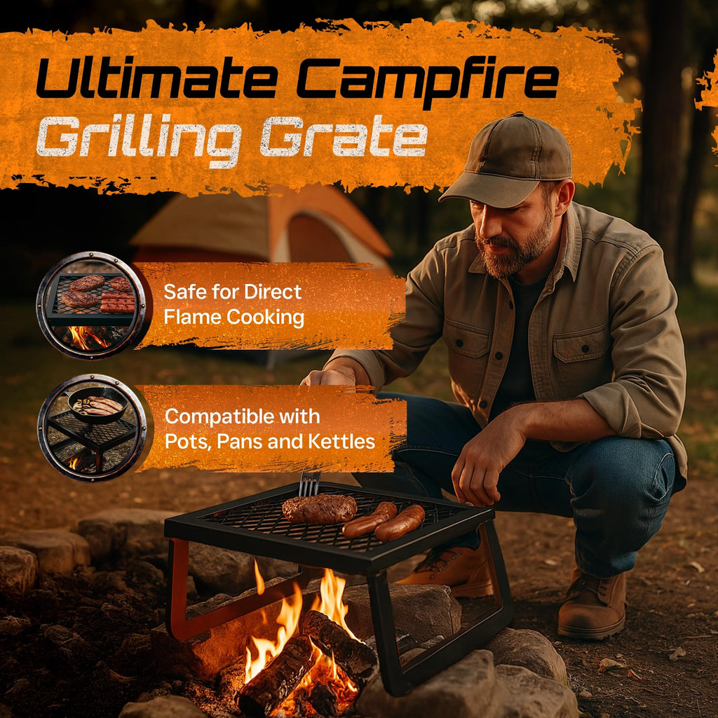 Adventure Seeka Folding Campfire Grill - Portable Over-Fire Grill With Food-Safe Coating, Heavy Duty Steel, Compact With Folding
